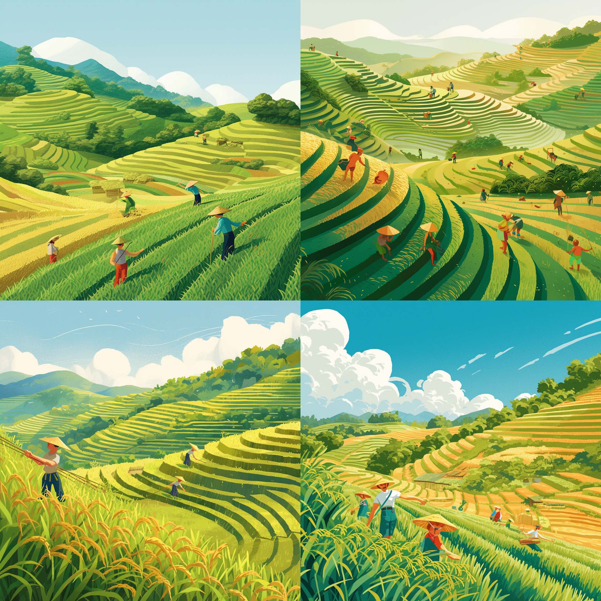 稻田编辑插画，nathan fowkes风格，高一致性，细节丰富，绿色占主导，商业横幅，连贯性，alain aslan风格，惊艳艺术作品，劳动者，风格化插画，宽银幕全景，茂密环境，锐利插画，四季变换，点缀，地波效果。