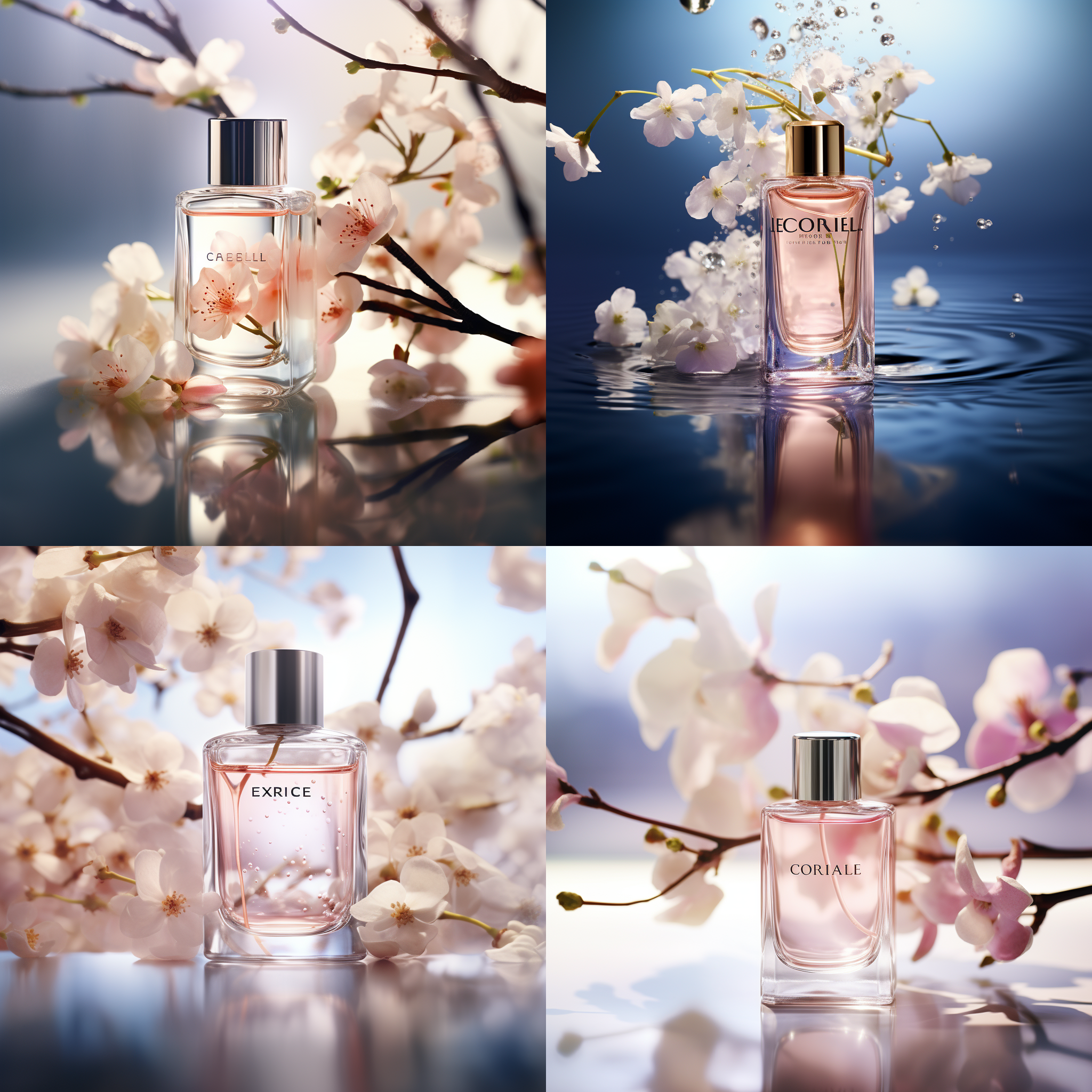 商业海报，欧莱雅瓶置于树枝，背景生机盎然，鲜花飘落，柔和光线，细腻阴影，玻璃折射，专业摄影，微距，自然光，高饱和色彩，静谧，优雅。