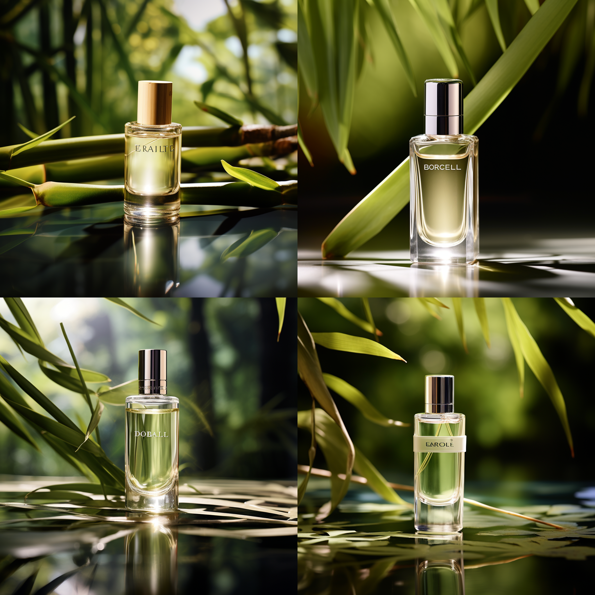 商业海报，欧莱雅瓶置于树枝上，背景翠竹，极简风格，柔和光线，细腻阴影，玻璃折射效果，专业摄影，微距拍摄，展现原始脆弱美，超高分辨率，细节丰富。