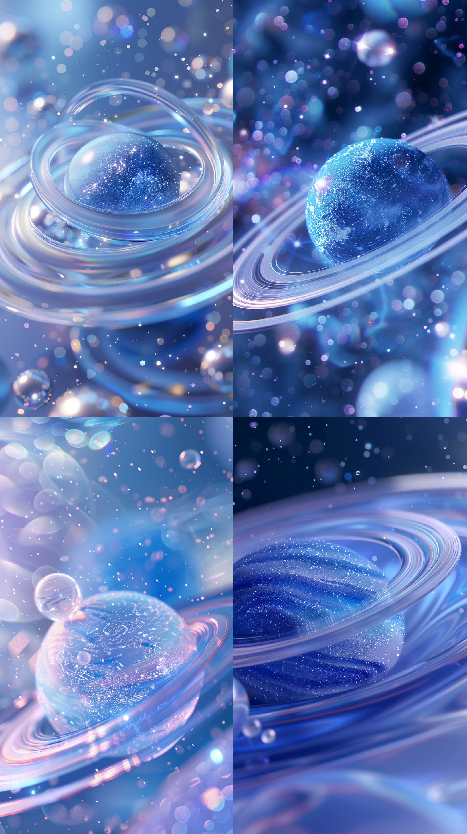蓝色宇宙星球，珍珠，行星环环绕，纯色背景，超高清壁纸，水晶质感，星球细节丰富，柔和光线，全景视角，视觉冲击微距镜头，静谧氛围，科技感，大片效果，4d荧光渲染，大面积留白，大气磅礴