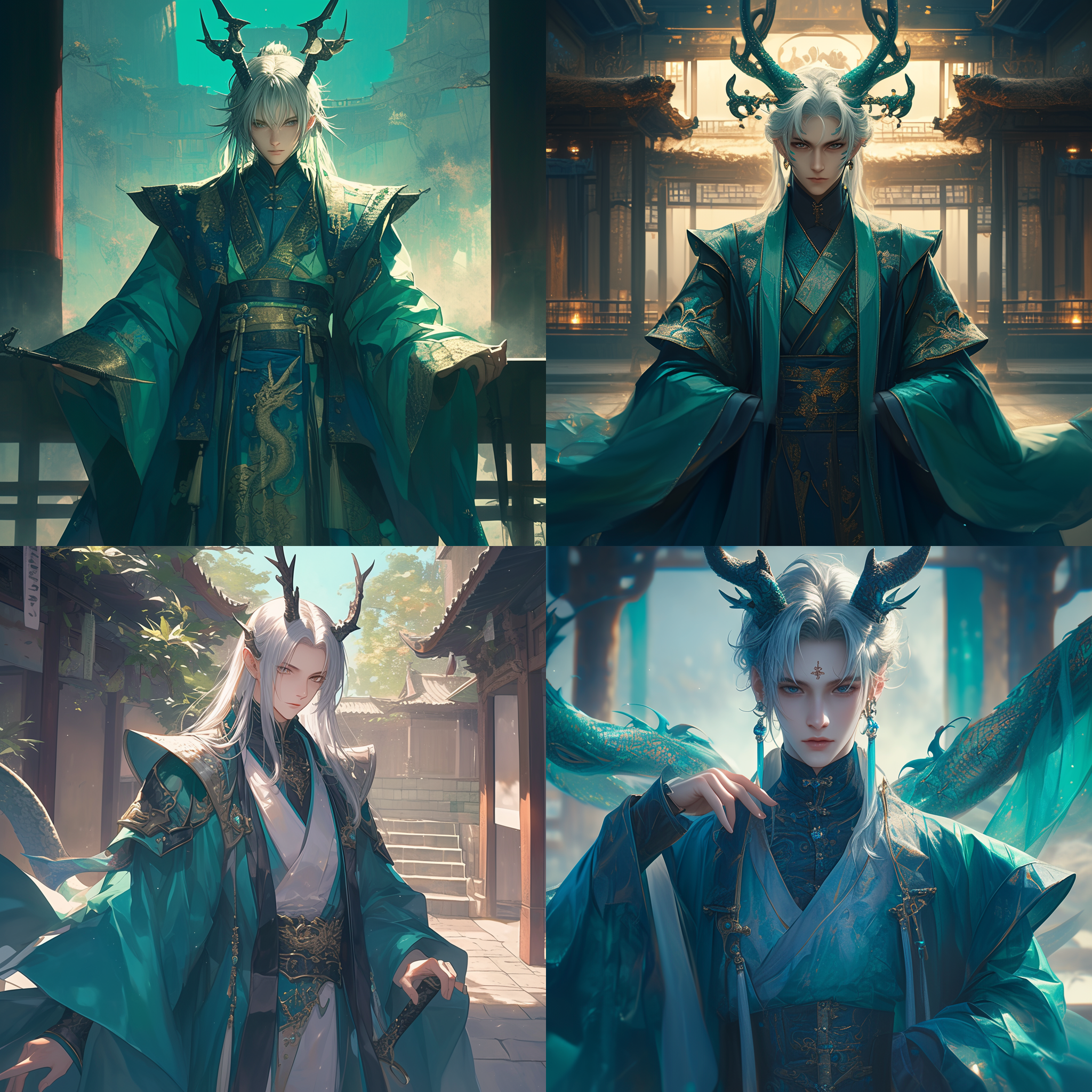 美少年穿蓝绿色中式服饰，头上有龙角，银色头发，静谧庭院，对称构图，柔和光线，长焦镜头，细节丰富，冷暖色调交融，神秘，优雅。