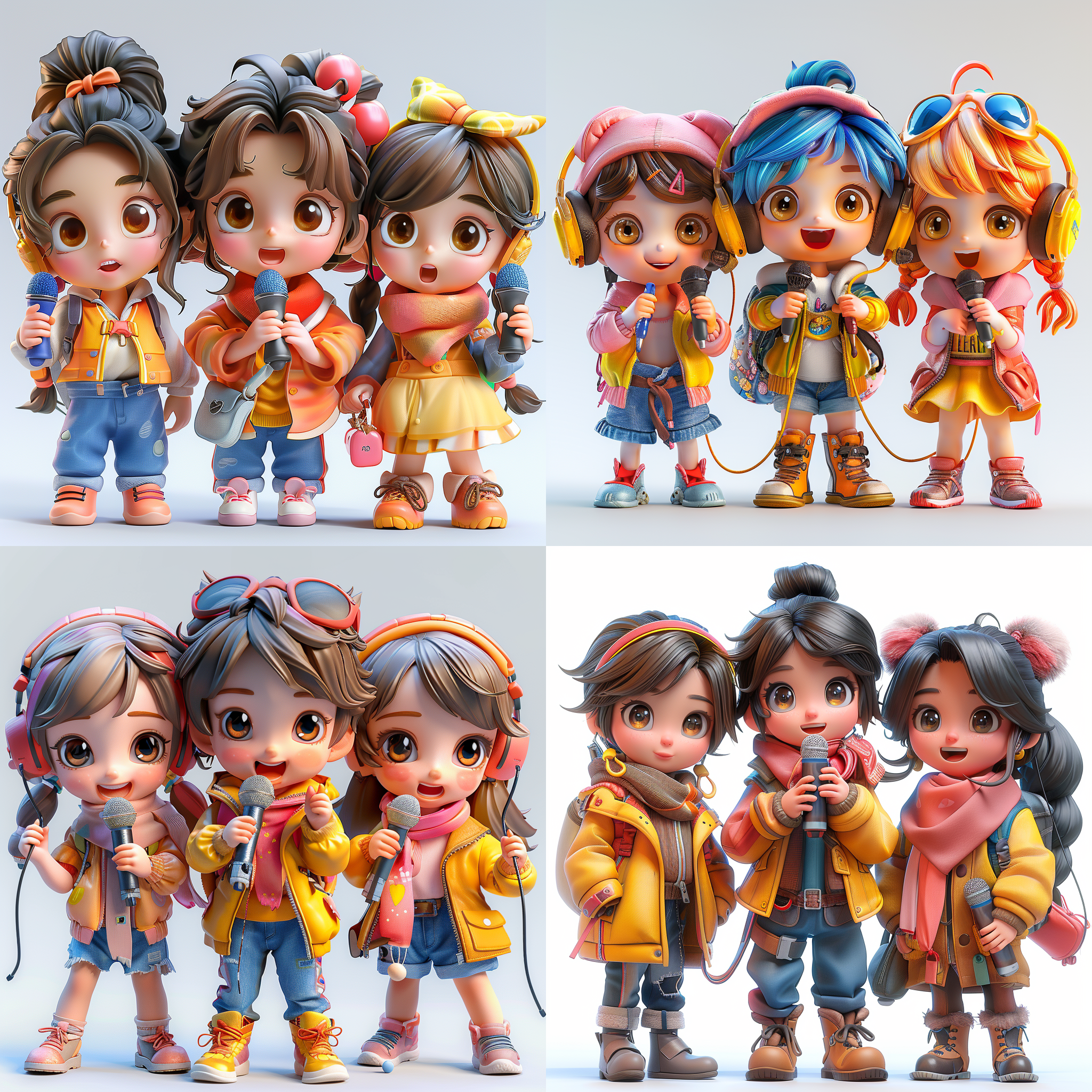 三个可爱的小孩拿着话筒在演讲，背景白色，两个小女孩，一个小男孩，女孩中长发，男孩短发，活泼的颜色氛围，欢快动感，，活力四溢，开放心态。温暖的色调，立体感强，长焦镜头，明亮光线，笑容灿烂，自信，全身，超可爱小女孩，中长发，彩色头发，夏装，模型，ip，光泽材质，干净背景，最佳画质，c4d blander,8k，16k，超清晰细节 模型摄影，正面构图，明亮色彩，生动表情，细节丰富，数字艺术，创意设计，灯光效果，童真情感，