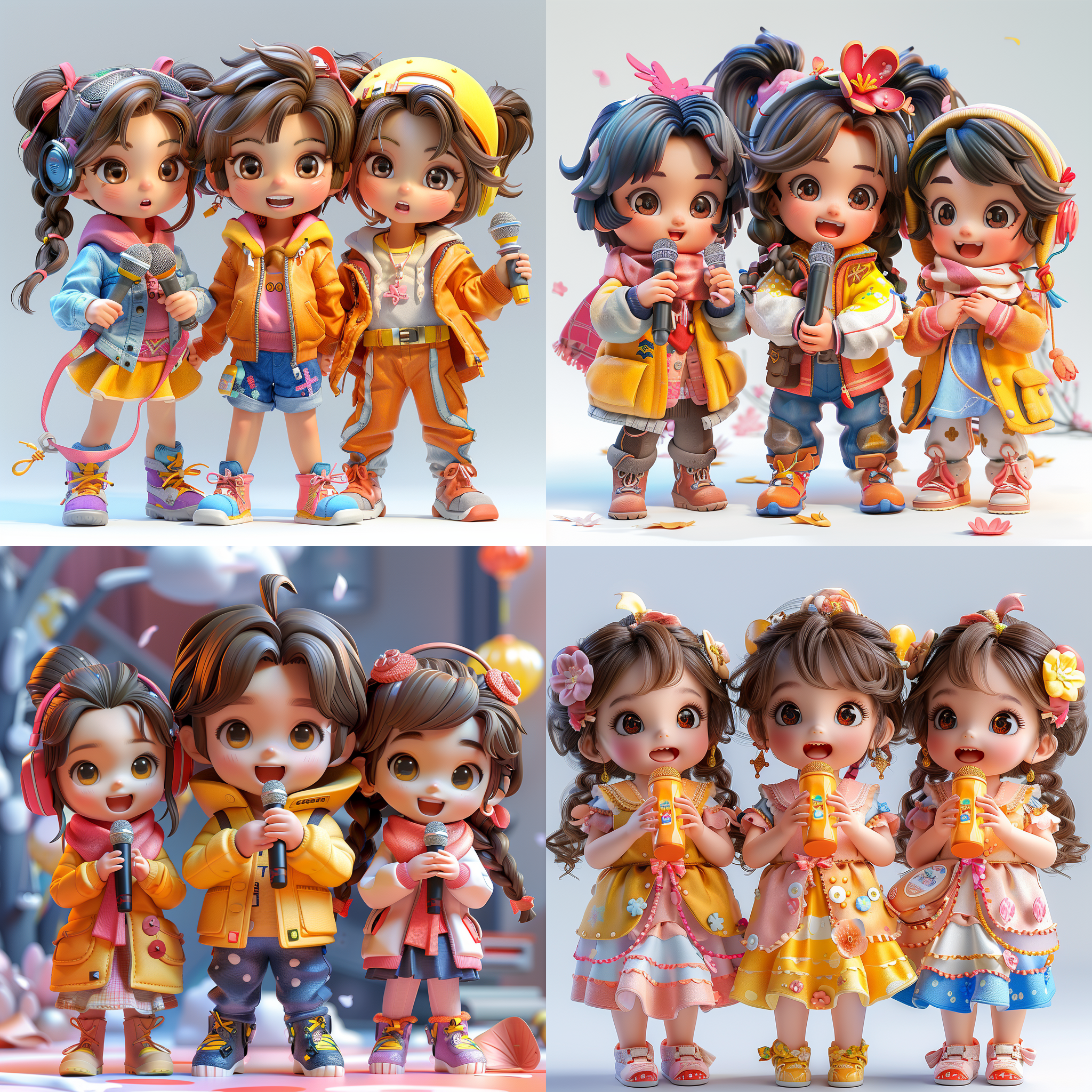 三个可爱的小孩拿着话筒在演讲，背景白色，两个小女孩，一个小男孩，女孩中长发，男孩短发，活泼的颜色氛围，欢快动感，，活力四溢，开放心态。温暖的色调，立体感强，长焦镜头，明亮光线，笑容灿烂，自信，全身，超可爱小女孩，中长发，彩色头发，夏装，模型，ip，光泽材质，干净背景，最佳画质，c4d blander,8k，16k，超清晰细节 模型摄影，正面构图，明亮色彩，生动表情，细节丰富，数字艺术，创意设计，灯光效果，童真情感，