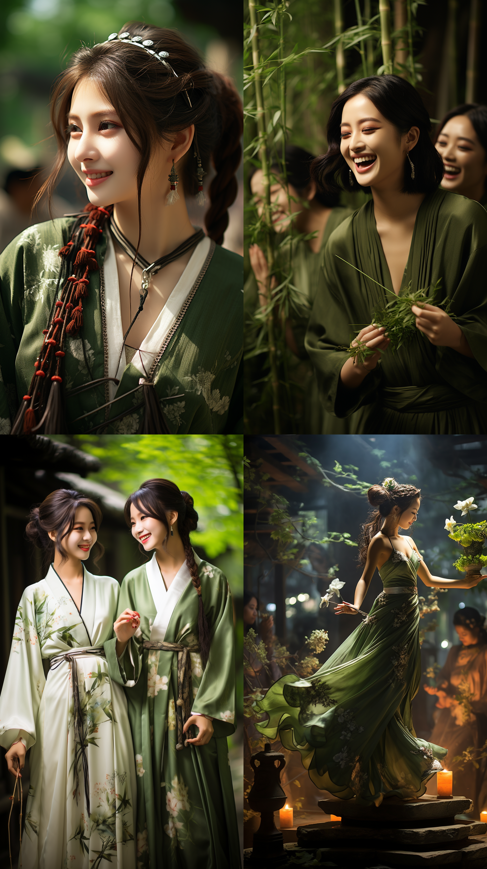 长焦，茂密的竹子，四个穿着绿色汉服的女子，beautiful girl，面部特写，一边走路，一边嬉笑打闹，伦勃朗光，4k