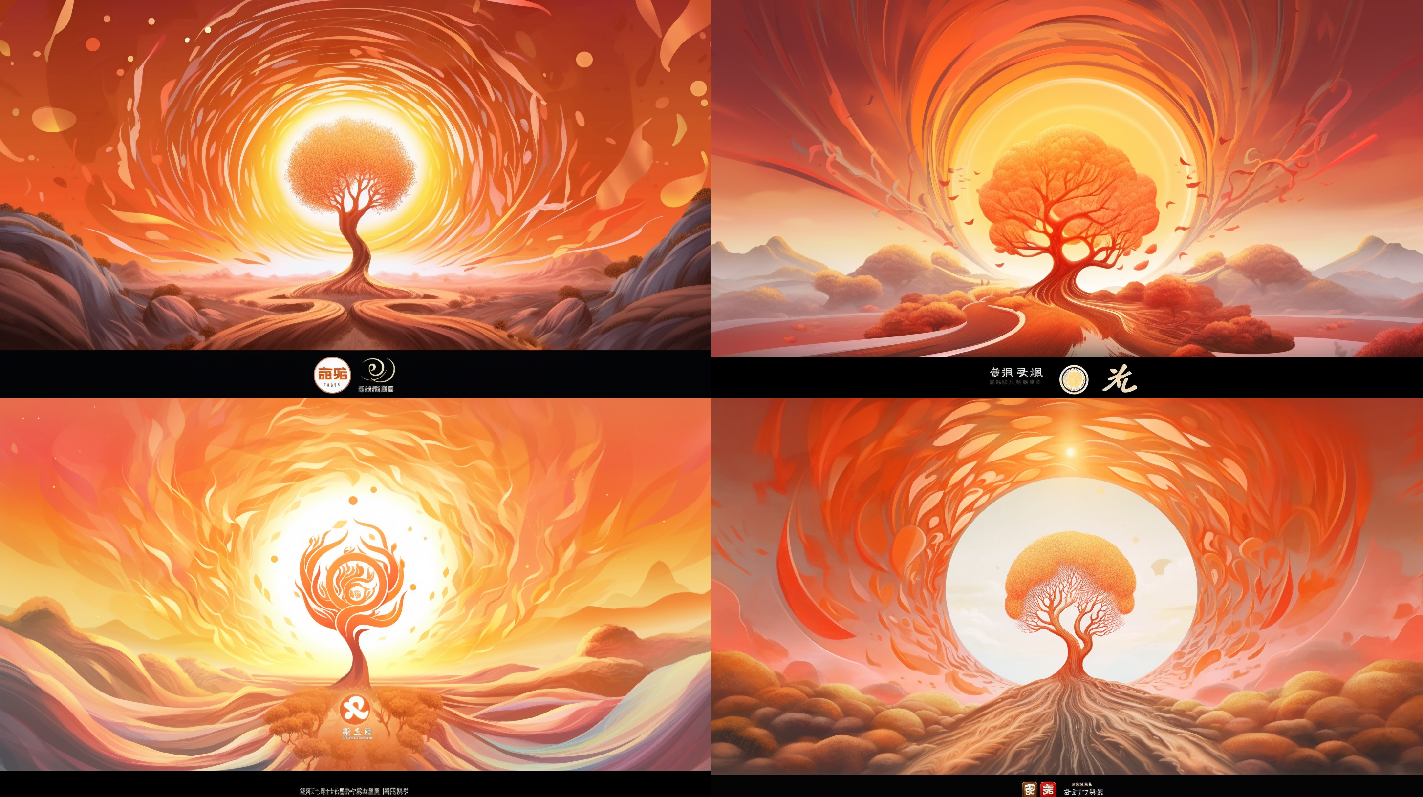 中间一棵树向阳而生，周围线条环绕，橙色调插画渐变风格，画面简洁，光影对比鲜明，垂直构图，暖光照射，树干挺拔，树叶繁茂，生机勃勃，希望与坚持。