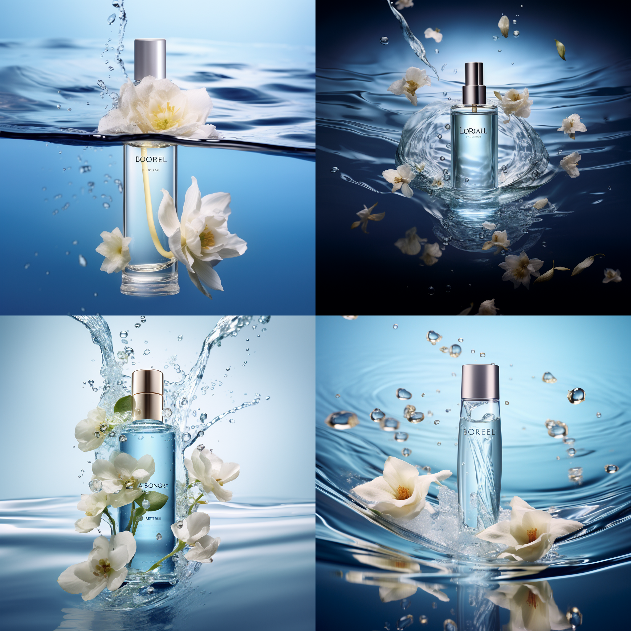 商业海报，专业摄影，一瓶欧莱雅放在水面上，涟漪，花朵围绕，对称构图，冷色调，极简主义，清冷高雅，光线追踪，超清晰，8k, 超细节