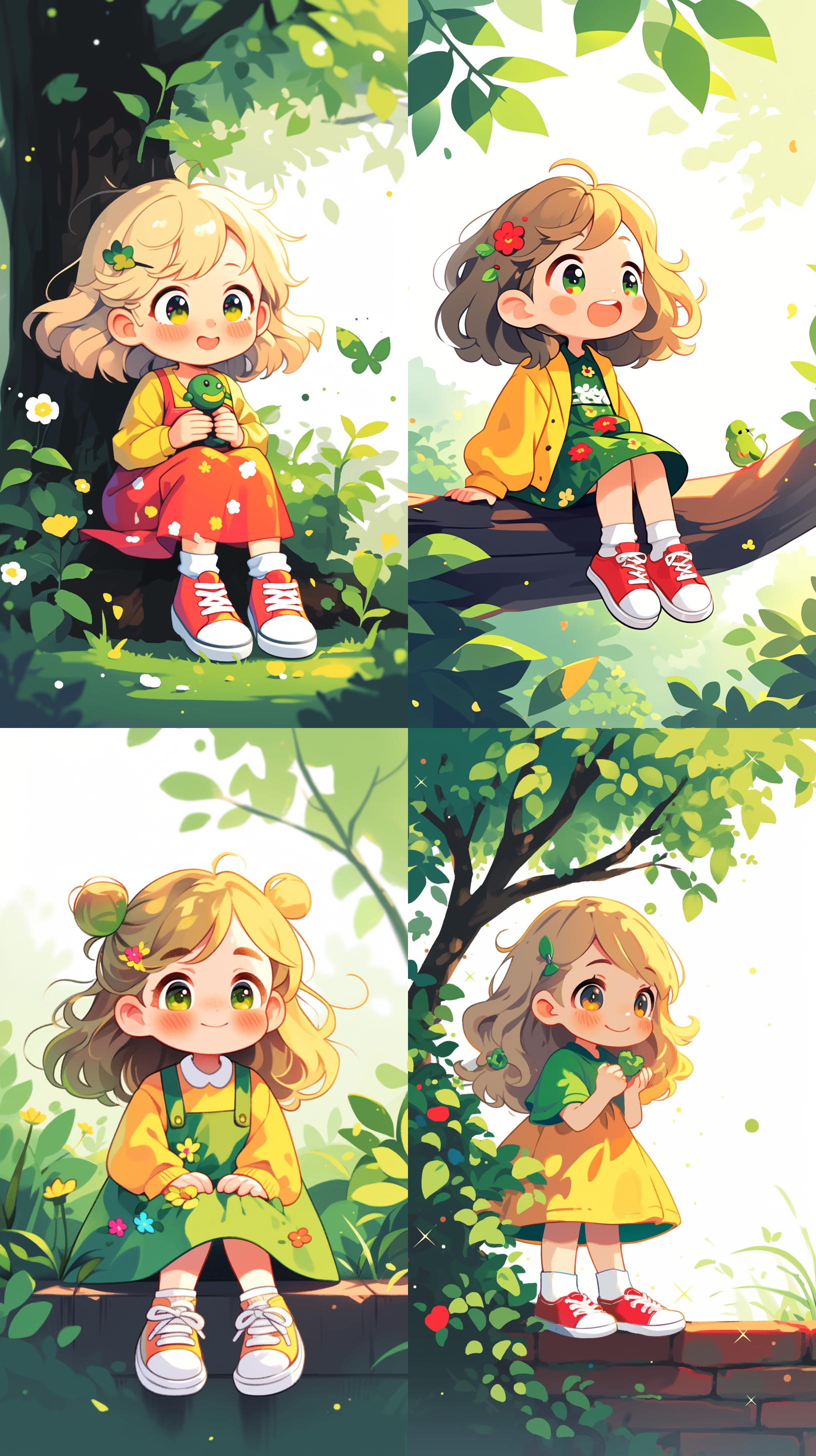 明亮眼眸，柔软金发女孩，活泼微笑，彩色连衣裙，小白鞋，户外自然风光，柔和光线，中景构图，浅景深，温暖色调，自然抓拍，轻松愉快。