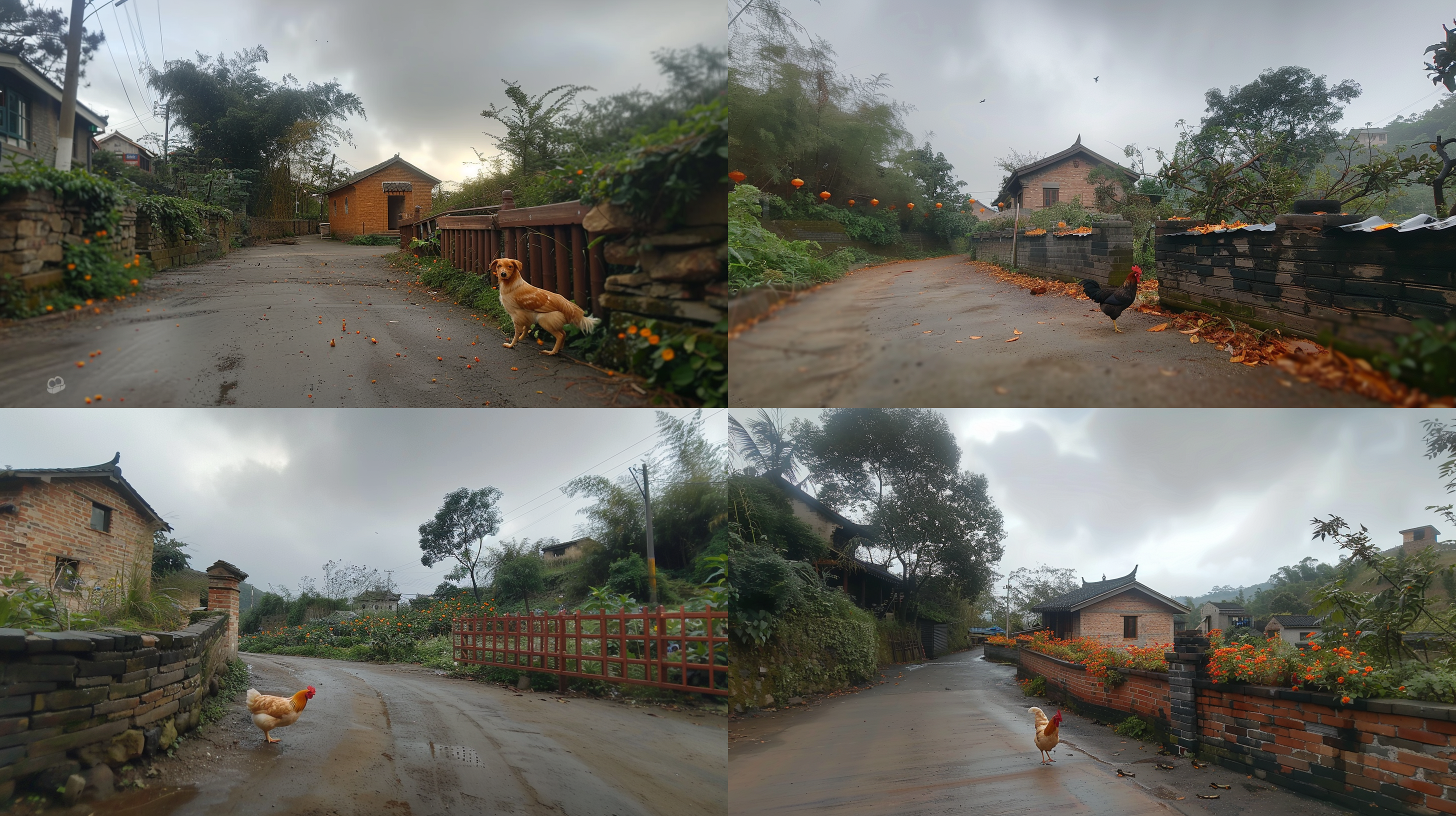 中国乡村，鸡鸣狗嗅，自然光，柔和色调，生机勃勃，宁静和谐，低角度拍摄，广角镜头，清晨，侧光，慢快门，动态模糊，田园风光，和谐共处。