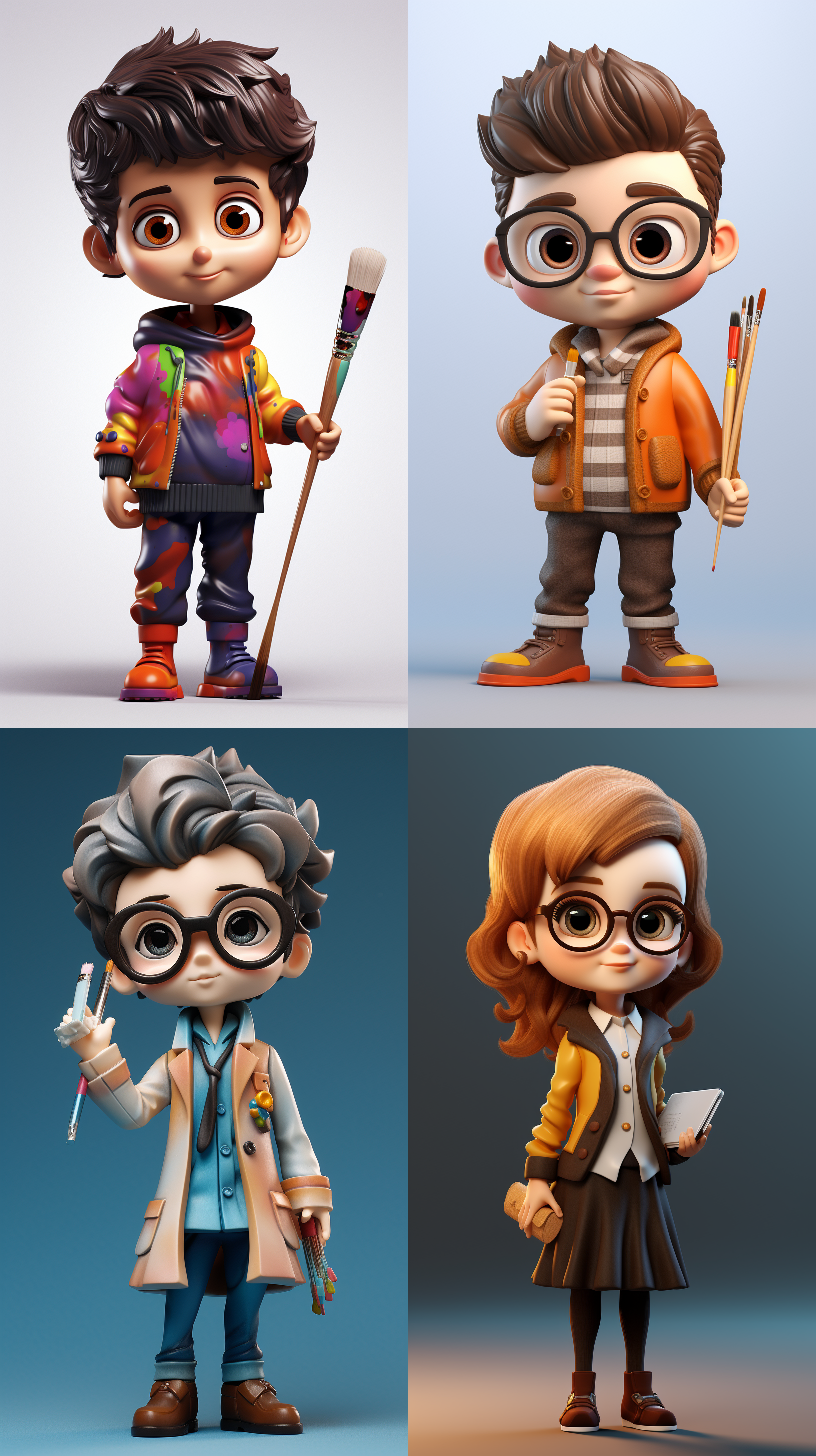 cute designer, q version, full body, holding a paintbrush, fashionable clothes, emphasizing a bright and happy feeling, attracting people's attention, big eyes, round face, clean background, 3d, c4d rendering, blind box style, high definition, rich details