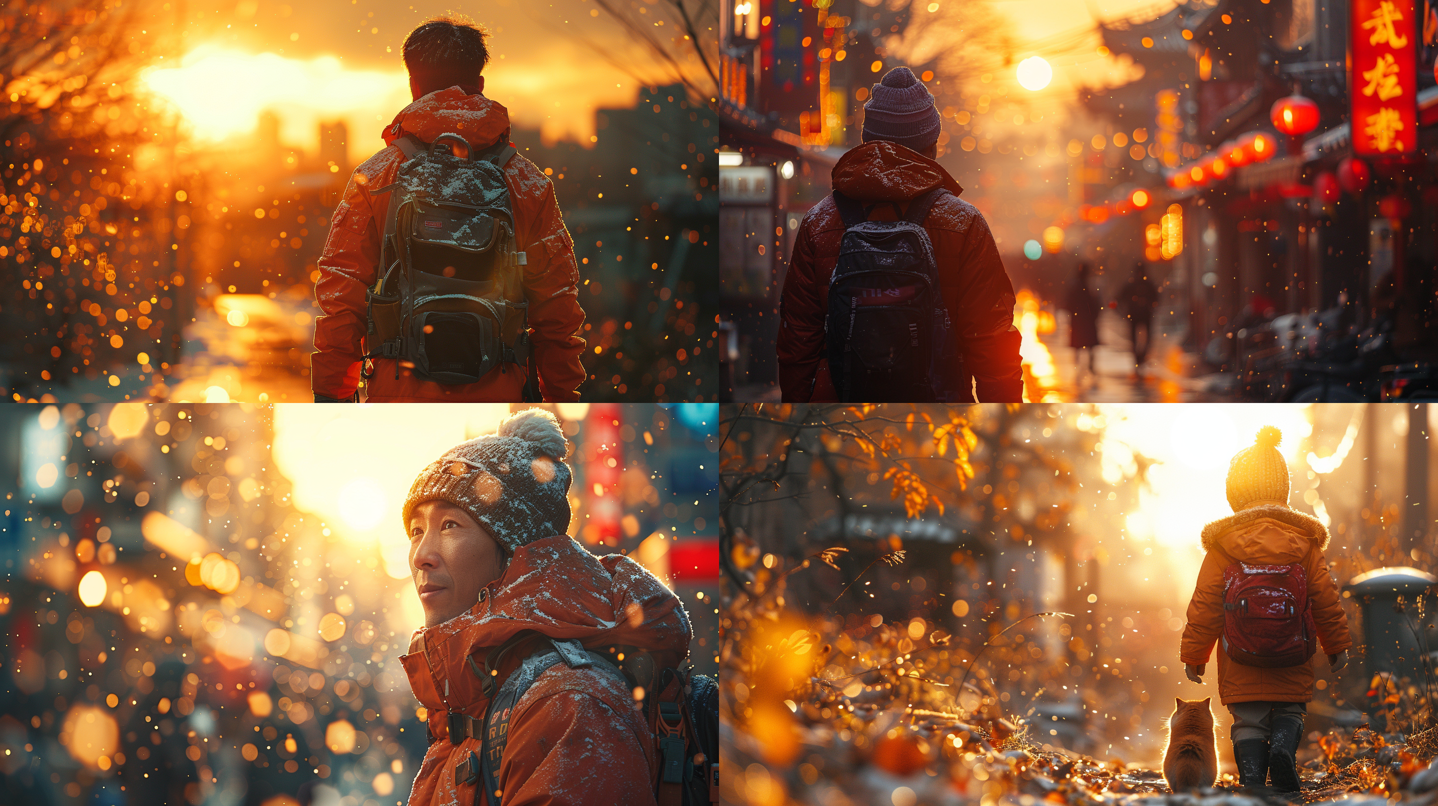 中国环卫工，逆光，温暖色调，8k分辨率，真实细节，自然光，长焦镜头，动态捕捉，互助，和谐，城市背景，春天。