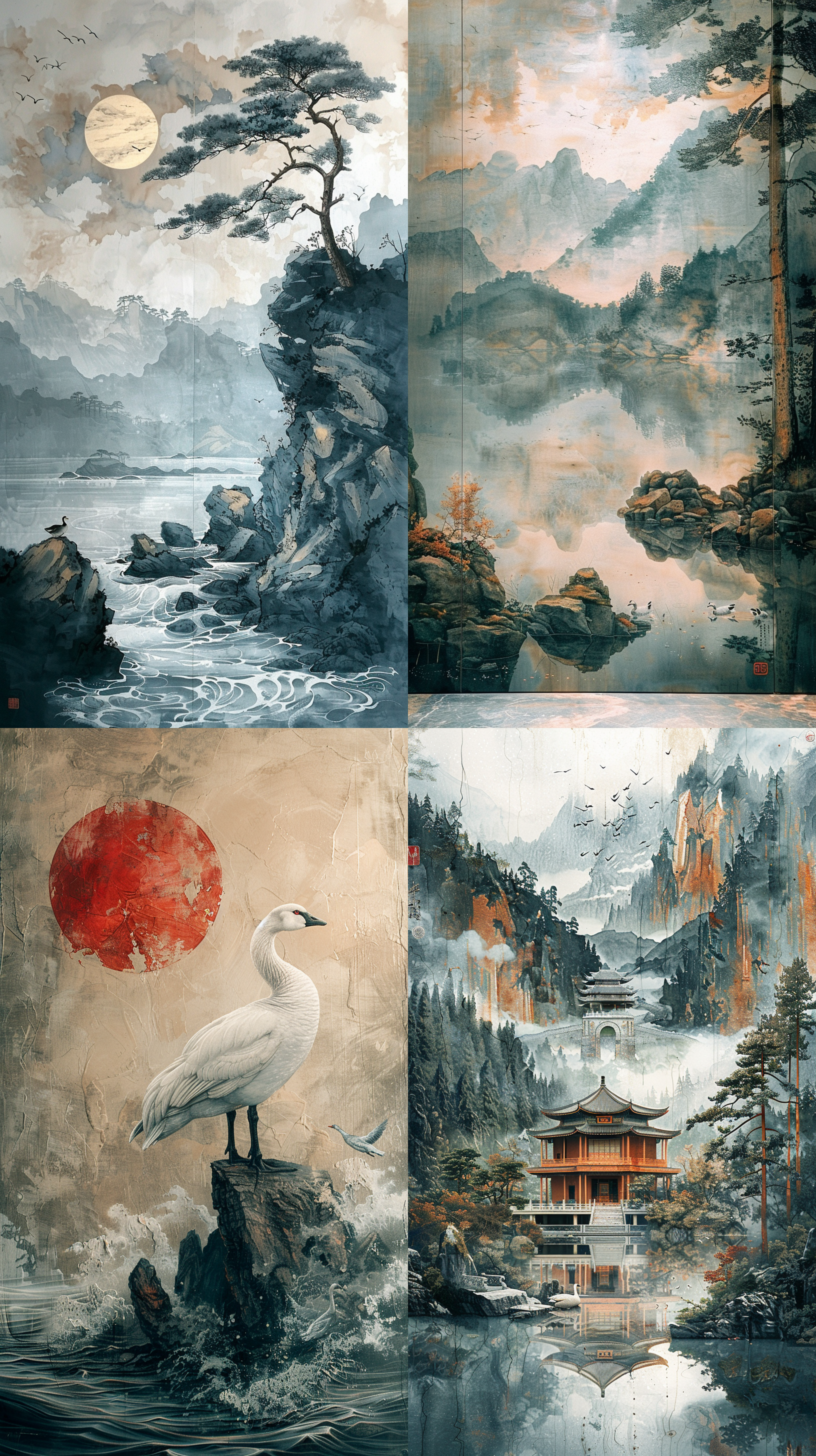 song dynasty mural , heian period, zen, cyan light beige style, chinese eaves, wild goose, historical painting, ultra-fine details, meticulous style, new chinese style, landscape painting, symmetrical composition
