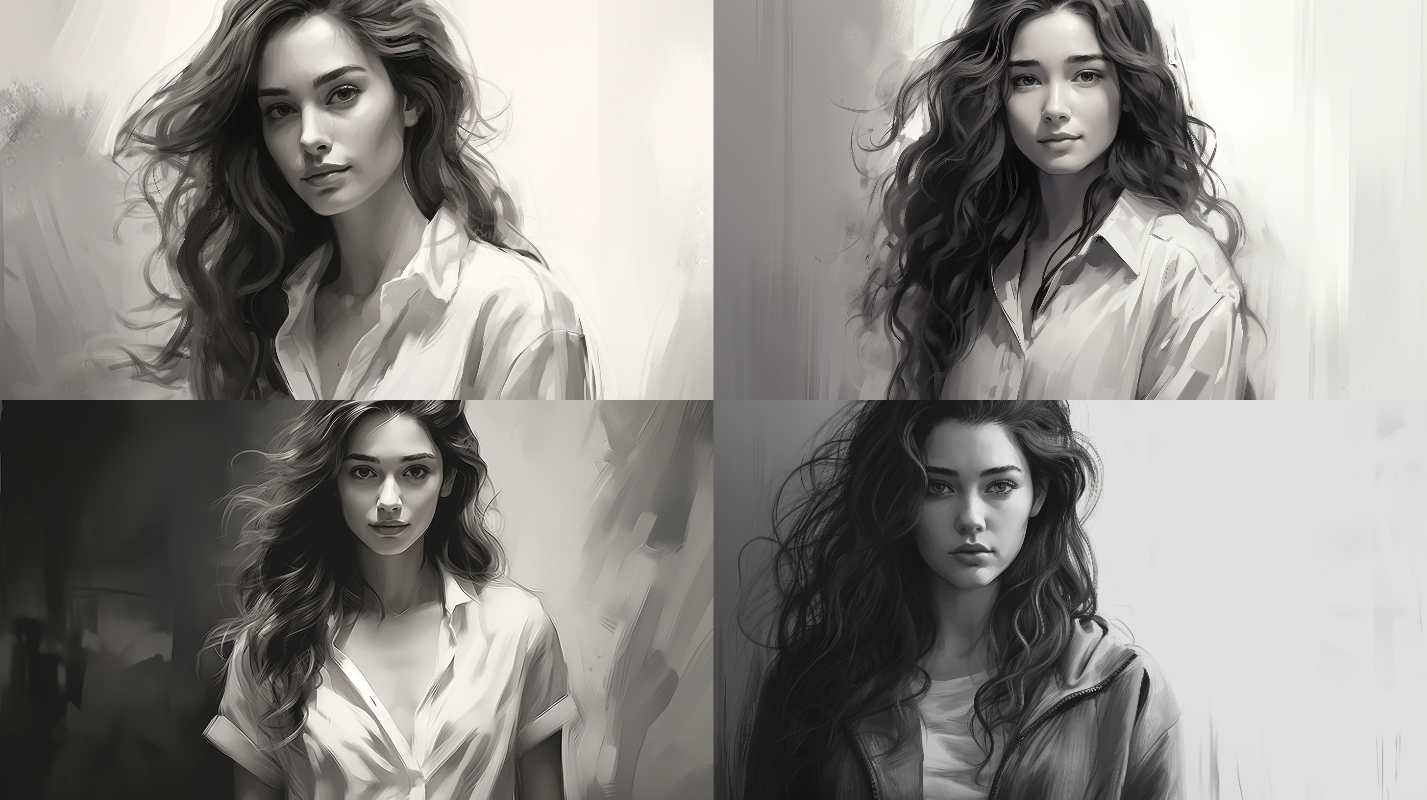 自信美丽长发美女，站立姿态，素描画风，柔和线条，自然光，黑白灰调，细腻笔触，专注眼神，优雅站姿，自信微笑，肖像风格，正面光，静态动作。