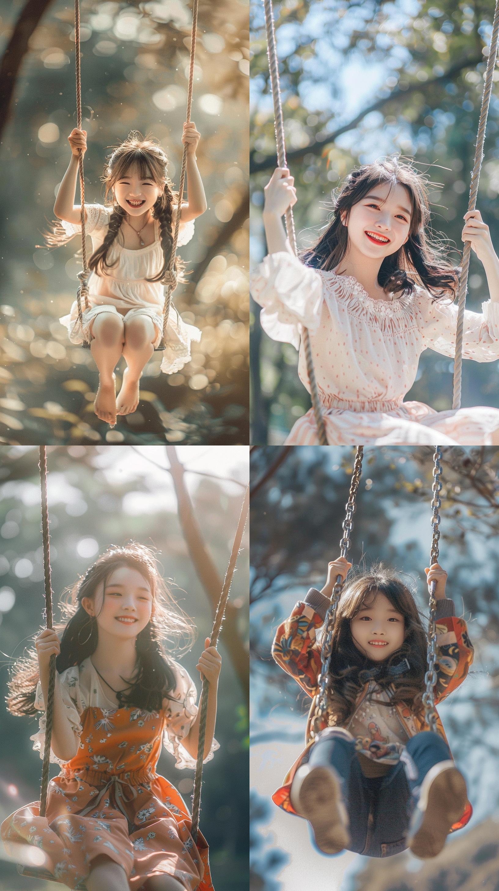 15岁中国女孩荡秋千，笑容灿烂，广角镜头捕捉，模拟胶片质感，超细节，梦幻低保真摄影，色彩丰富，体积光效果，自然光，动态模糊，快乐，青春。