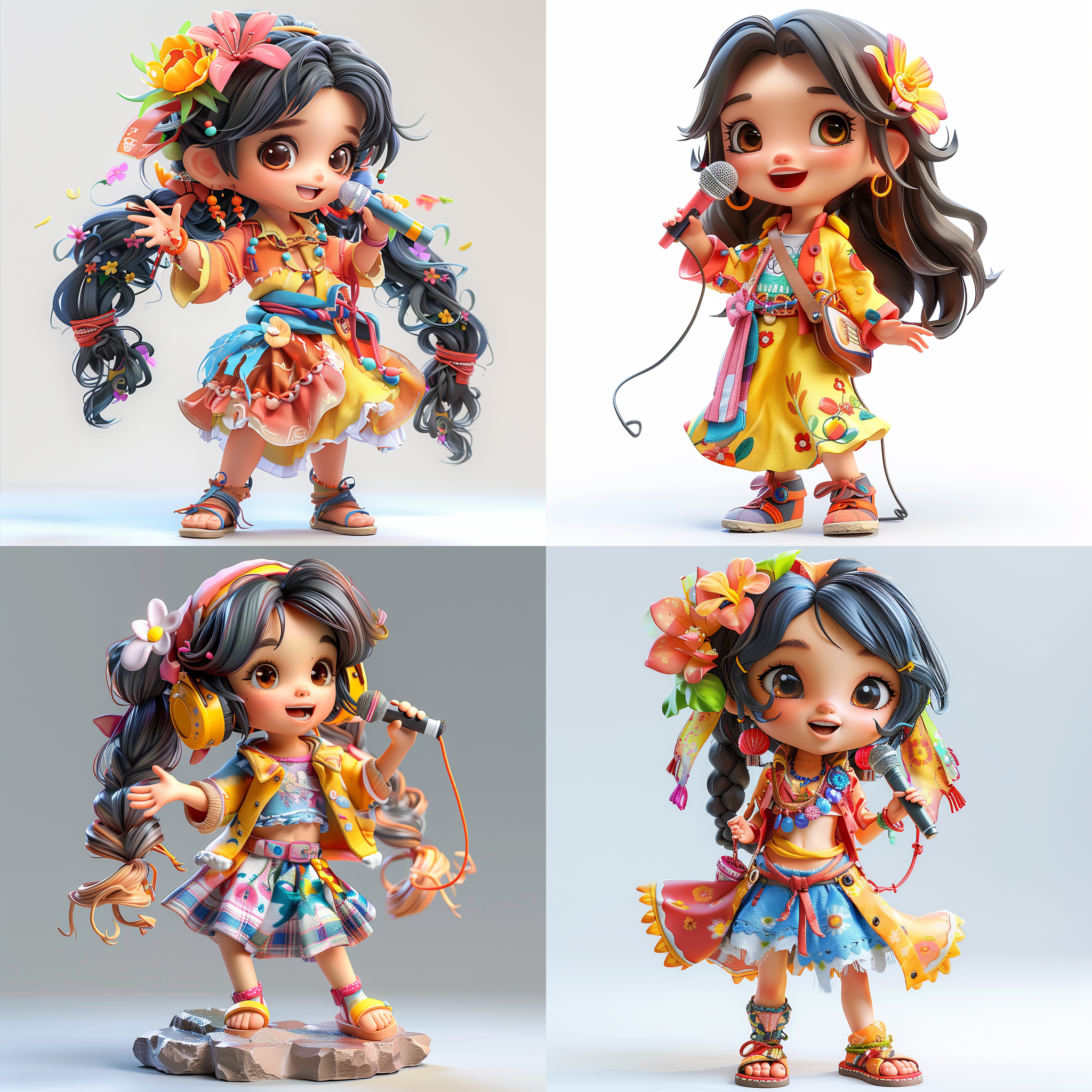 白色背景，泡泡玛特风格，潮玩，侧面，欢快的唱歌，手拿话筒唱歌，跳舞，全身，超可爱小女孩，夏天衣服，长裙，薄裙，清凉，中长发，彩色头发，夏装，模型，ip，光泽材质，干净背景，最佳画质，c4d blander,8k，16k，超清晰细节 模型摄影，正面构图，明亮色彩，生动表情，细节丰富，数字艺术，创意设计，灯光效果，童真情感。