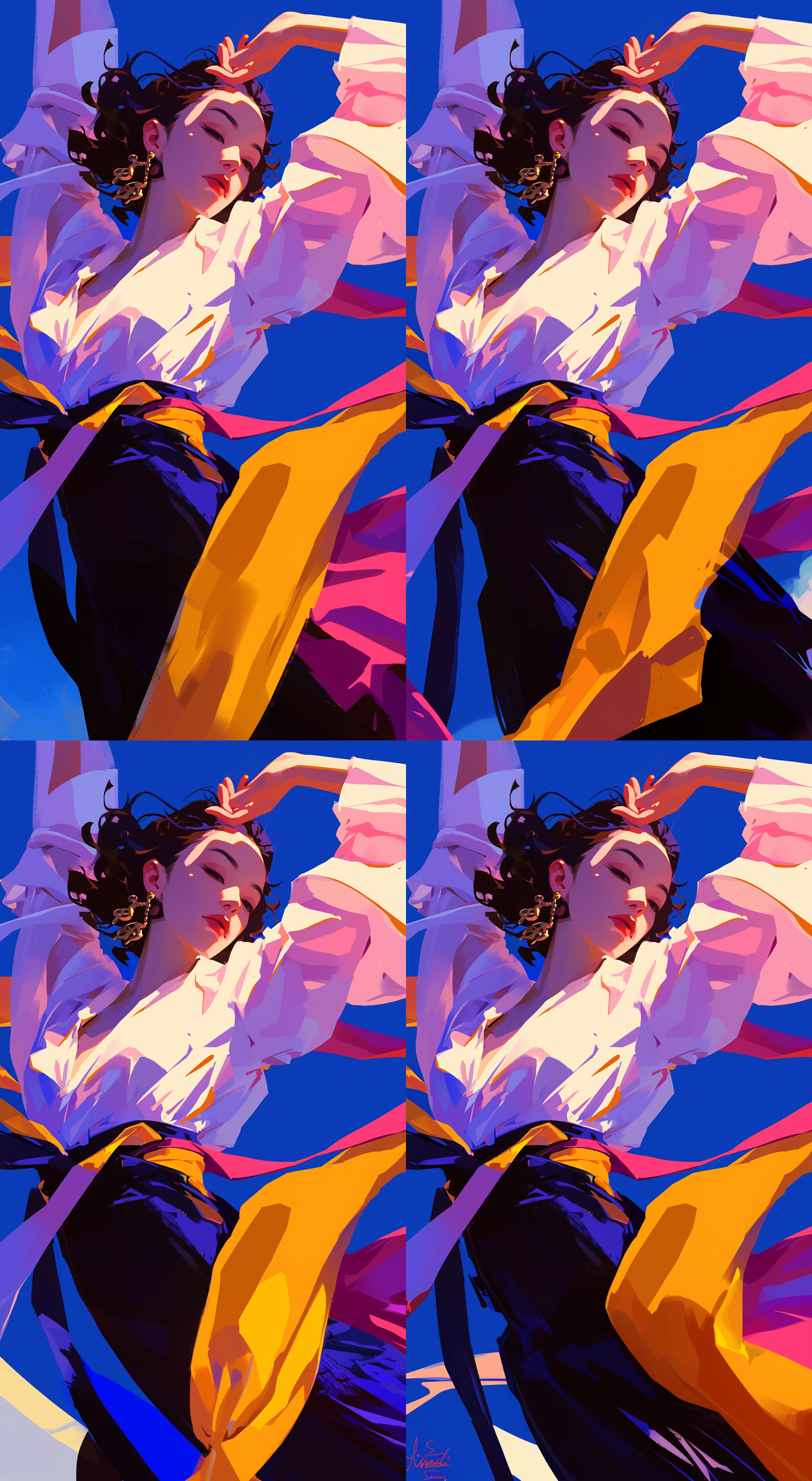 商标设计，简约亚洲美女跳舞，服装吊牌，线条清晰，有型，简单，图形化，正面光，彩色调，中景，动态捕捉，优雅，现代感。