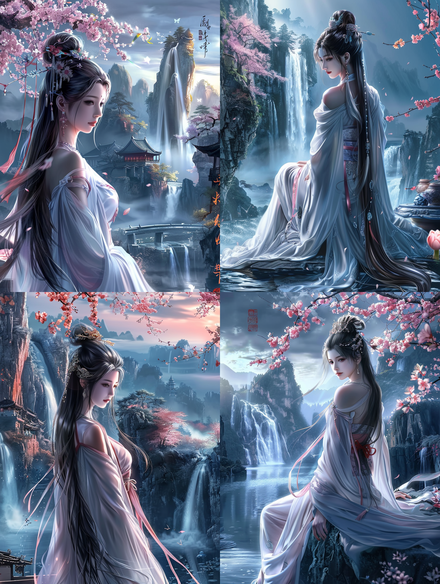 仙侠世界，白丝少女，瀑布花海，梦幻夏日祭，杭州夜景，韩式动漫风，忧郁诗意，流媒体直播，细腻光影，广角镜头，冷暖色调交织，飘逸长发，凝视远方，沉思表情，ai艺术创作。