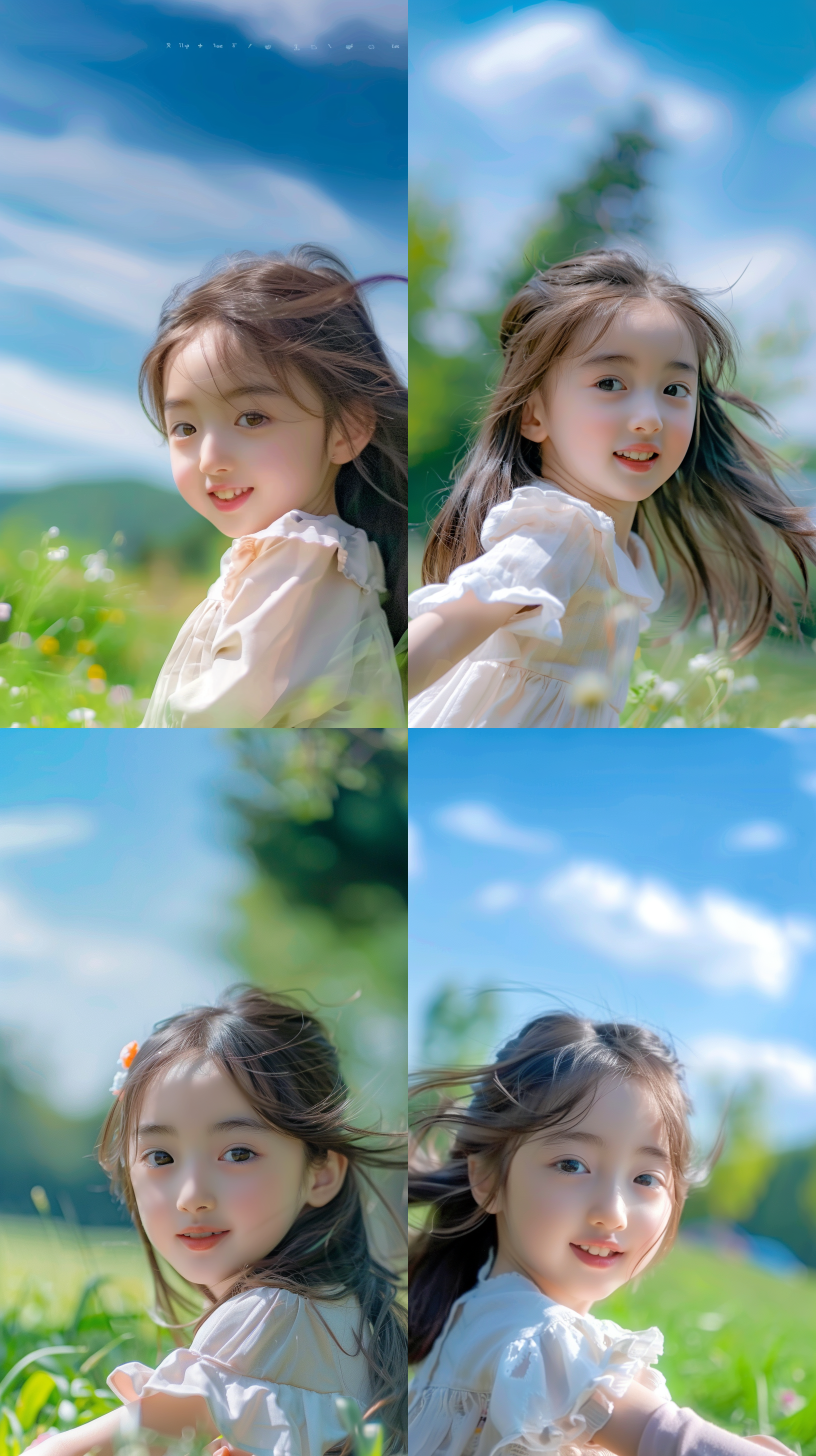 小女孩在公园里，自然光，柔和光线，长焦镜头，全景构图，绿色草地，蓝天白云，微笑，轻盈步伐，粉色调，清新自然。