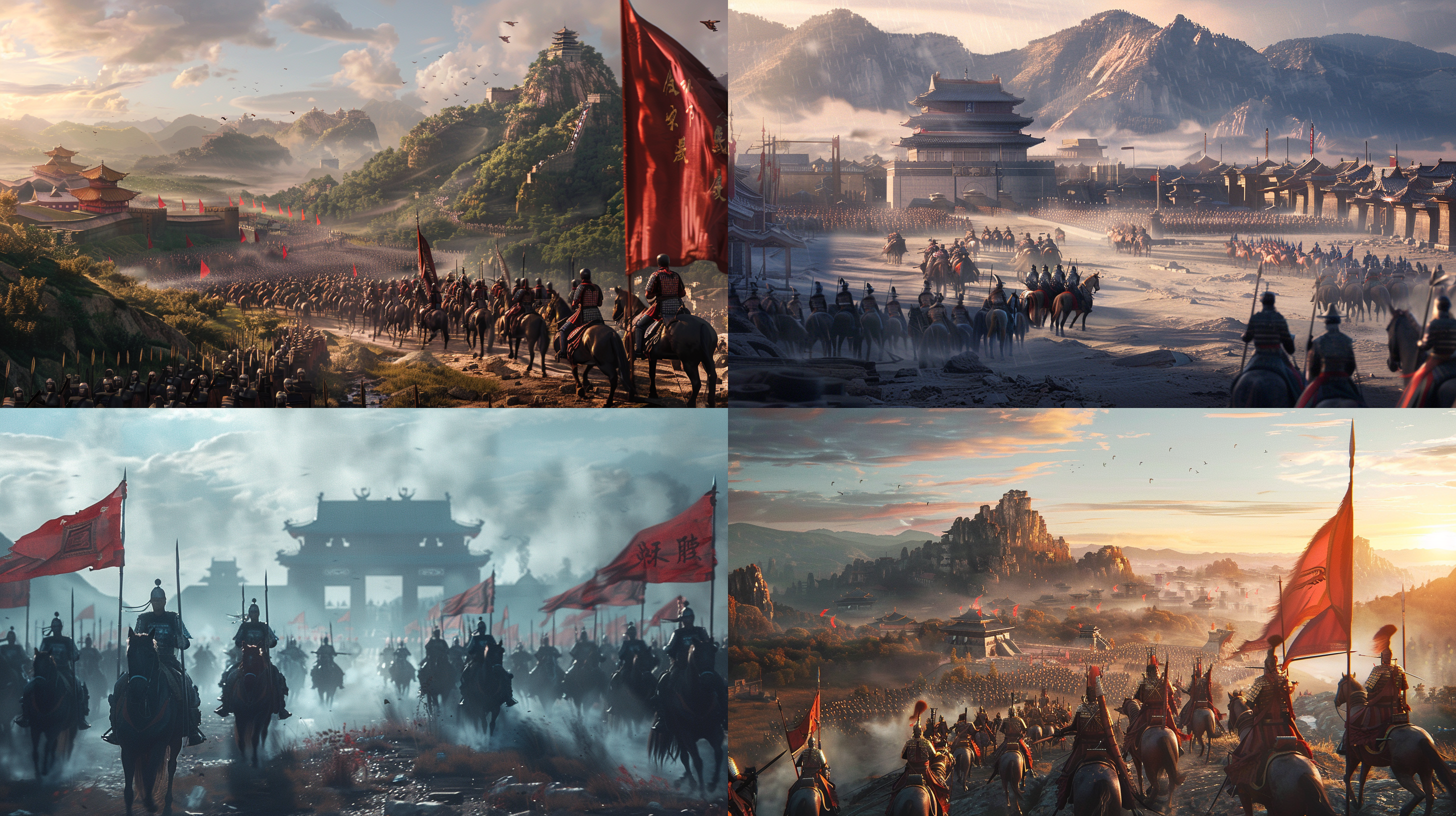 古代中国战场鸟瞰图，骑兵队准备出发，正在接受将军的检阅，气势旺盛，威武雄壮，注重画面细节，16k分辨率，色彩低饱和度，低沉，冷色调，氛围压抑，高清3d风格