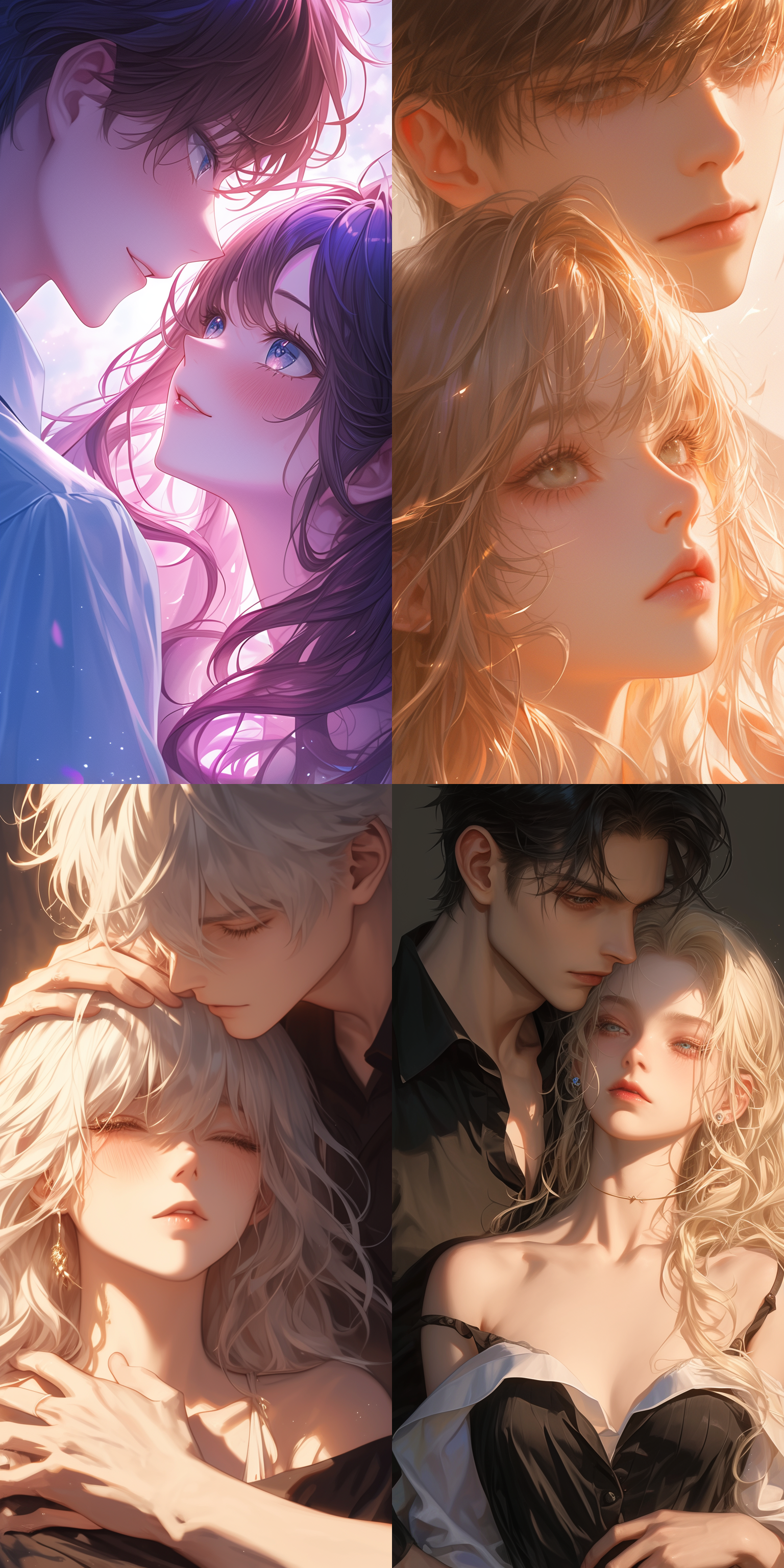 二次元情侣头像特写，白皙冷白肤，波浪长发，甜美表情，环境光与边缘光，背景简约，oc渲染，细节完整，高光突出，温柔浪漫氛围，细腻质感，高清壁纸，柔和光线，自然色彩，亲密姿态。