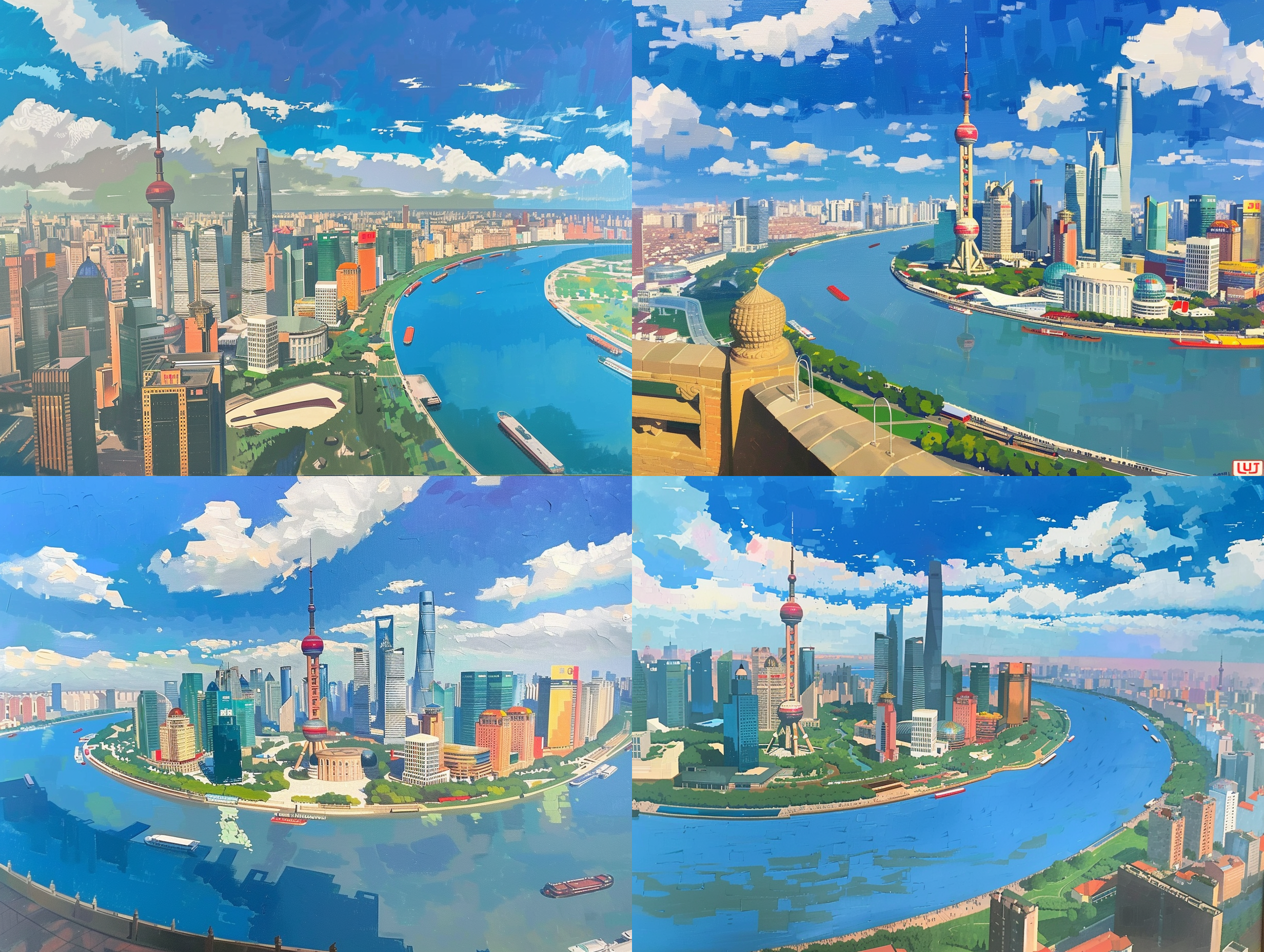 上海俯视图，抽象艺术，油画风格，色彩斑斓，城市轮廓，高楼大厦，蜿蜒河流，抽象几何形状，强烈对比，大胆笔触，立体感，光影交错，超现实，视觉冲击。