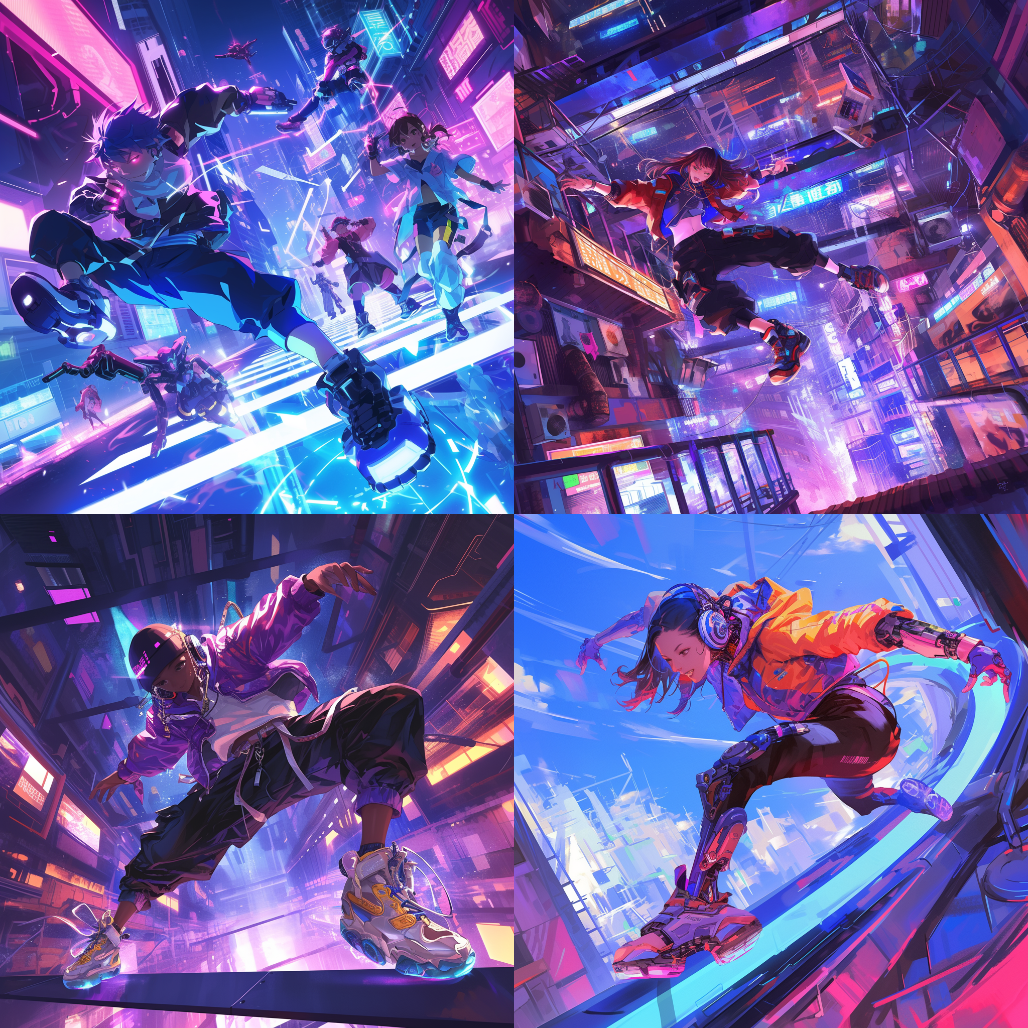 机械未来风街舞少年，中式科幻融合，霓虹灯光，动感十足，街头背景，金属质感服饰，冷暖色调对比，广角镜头，低角度拍摄，快速快门，自信表情，流畅舞姿。