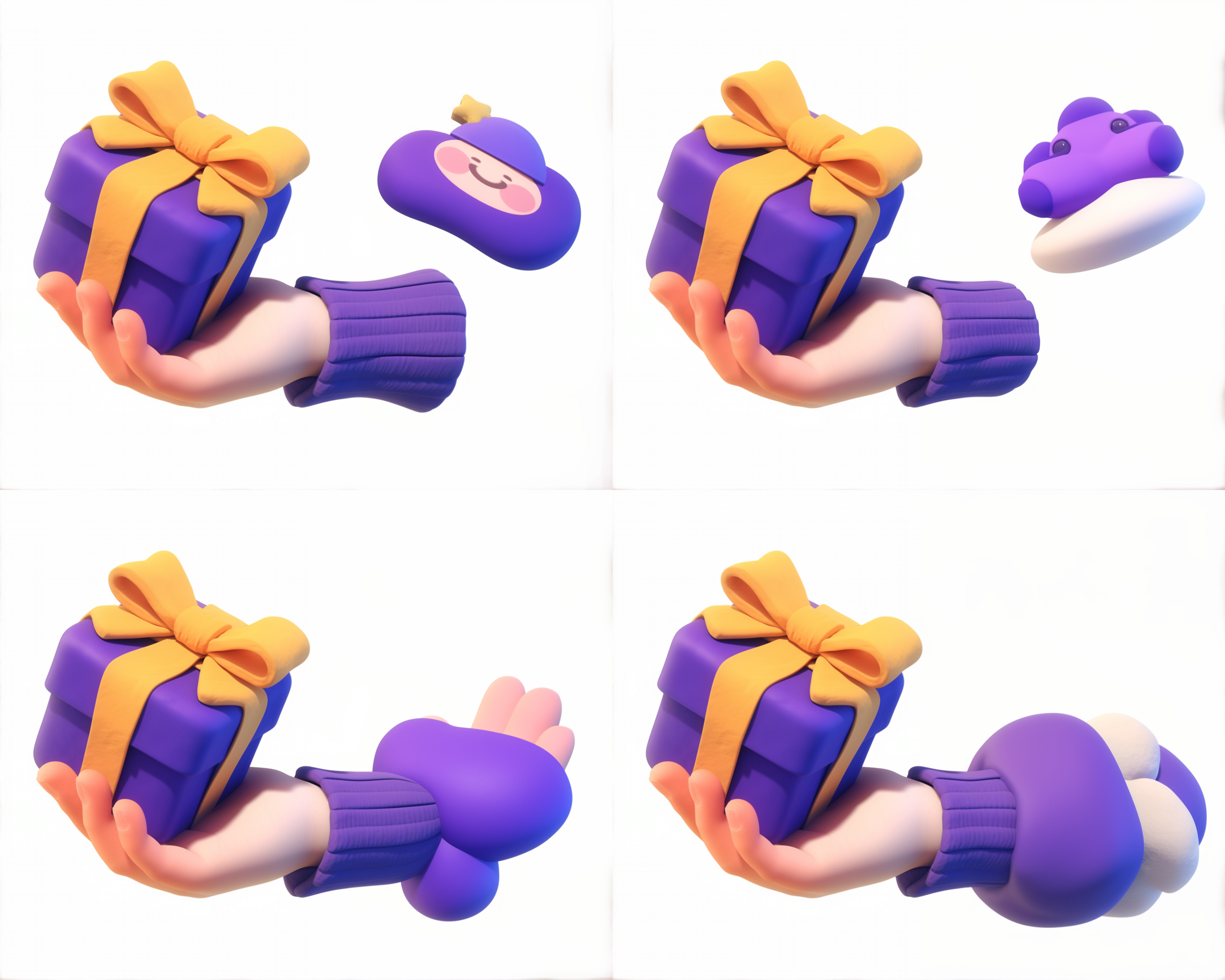 单手手握礼盒，近景特写，柔和光线，白色背景，温馨氛围，自然色彩，浅景深，细腻质感，3d玻璃质感，