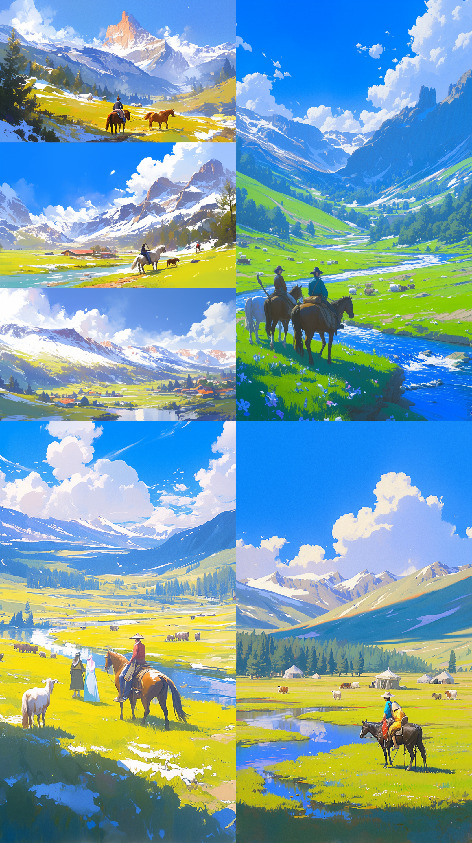 莫奈风格，新疆初夏草原风景，情侣，骑马，阳光，绿草地，雪山，松林，河流，牛羊，商店，鲜花，清新自然