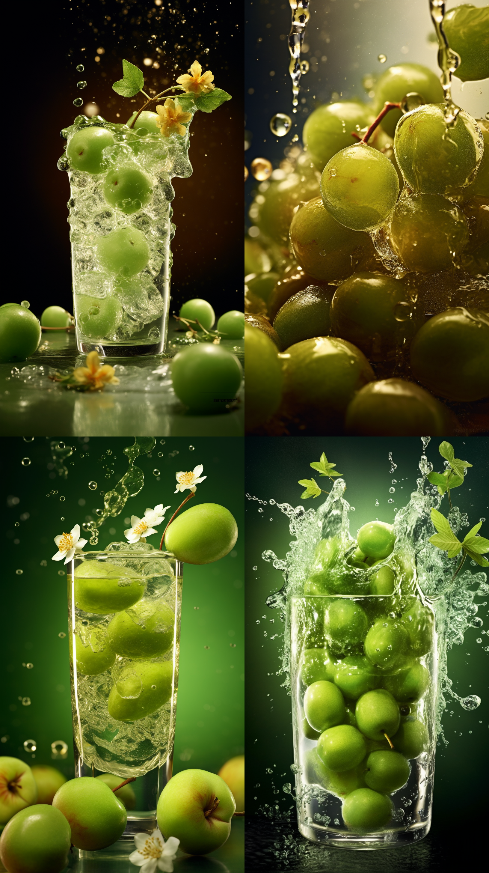 冰镇蜂糖绿色李子产品效果图，动感冰花，炫酷氛围，清爽暖色调，高对比度，正面布局，微距镜头，透明玻璃杯装满绿色李子，冰块飞溅，水珠滴落，清新活力，大光圈，绿色光斑背景，景深烟雾缭绕。