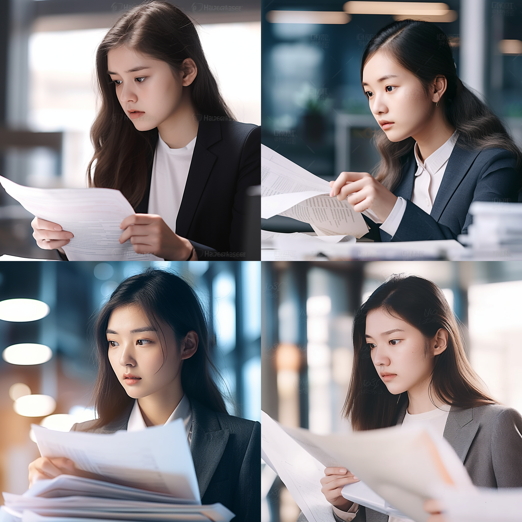 中国姑娘在办公室看文件，专注表情，现代办公室环境，柔和自然光，中景，浅景深，冷色调，文件细节清晰，人物着职业装，沉思姿态，自然光，室内，中焦镜头，细节丰富，专注，冷静。
