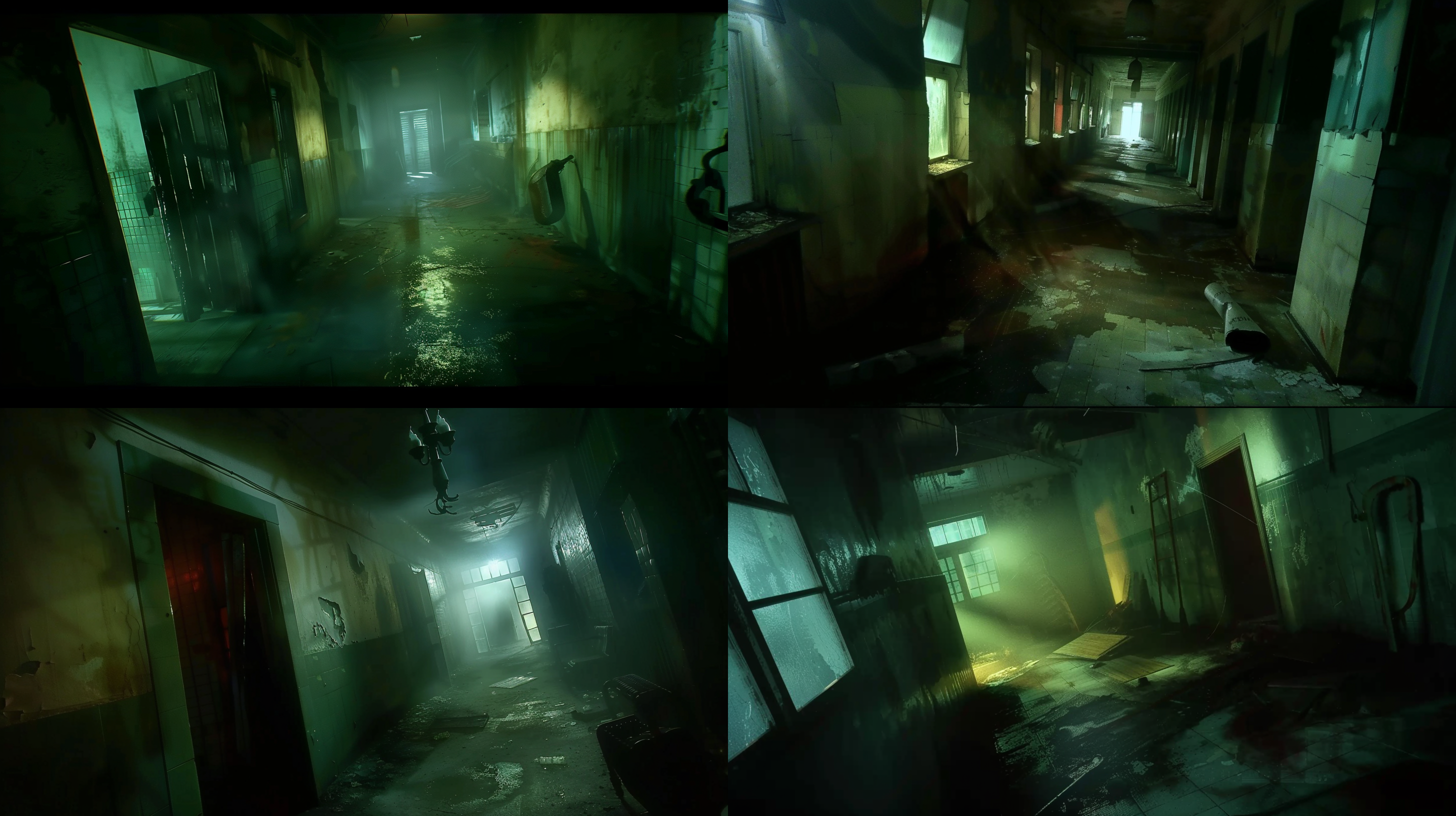 末世室内景象，破败墙壁，昏暗光线，广角镜头，低饱和度，冷色调，废墟中，静态，忧郁，长曝光，细节丰富，绝望氛围。