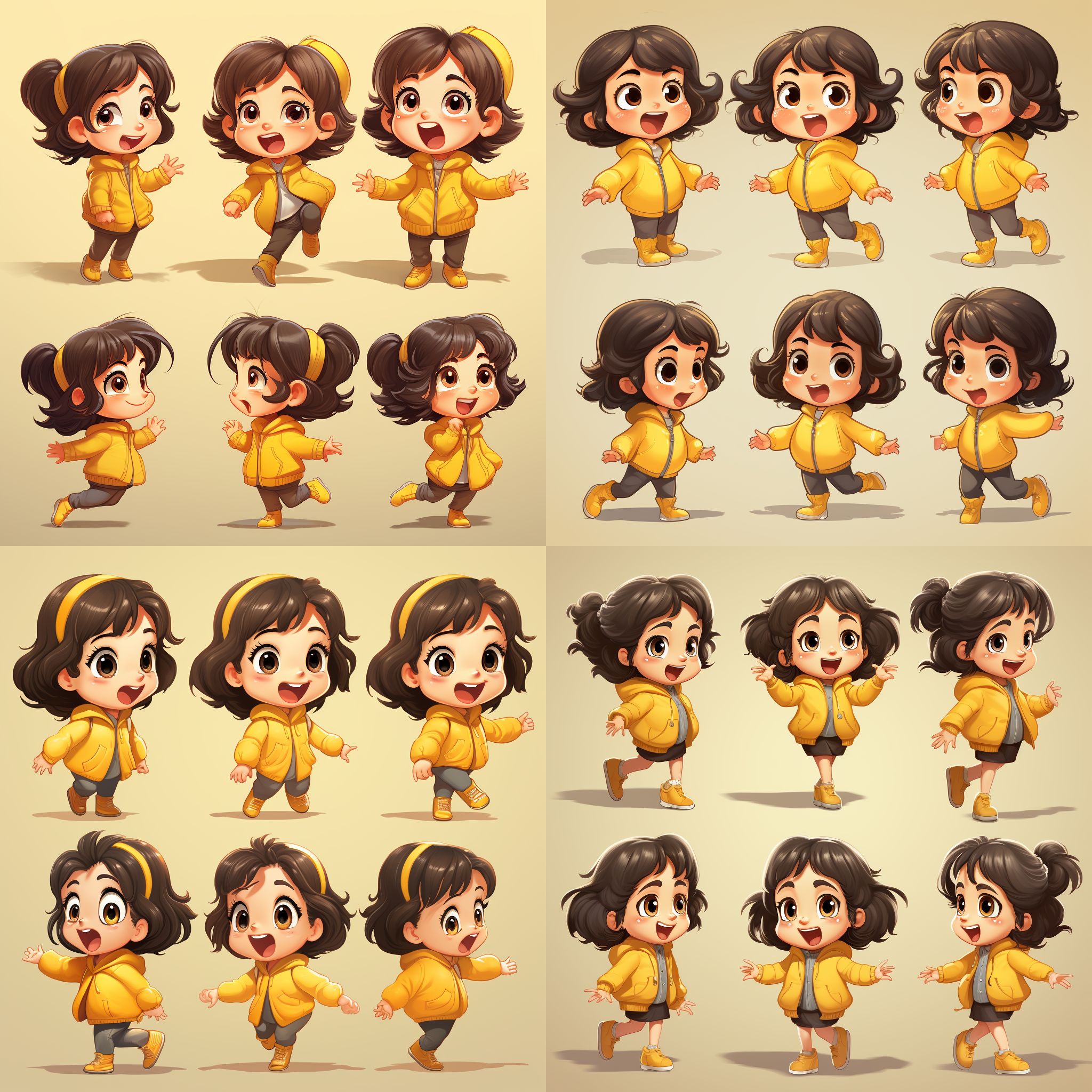 小女孩ip设计，活泼可爱，正面、侧面、背面展示，泡泡马特风格，圆形构图，明亮色彩，卡通渲染，细节丰富，微笑表情，多彩服饰，动态姿势，柔和光线，温馨氛围。 刺绣 锦鲤 干净背景 全身 波普色 明亮的 弗里斯 多可爱风