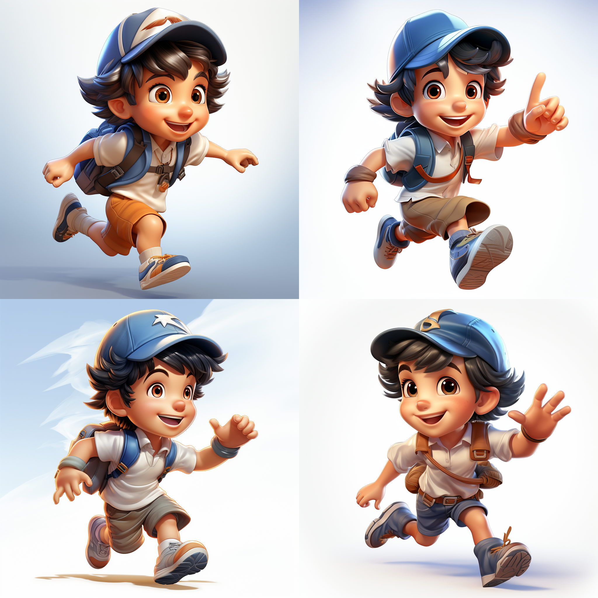 白色背景，泡泡马特风格，潮玩，超可爱短发小男孩，短发，反戴棒球帽，身穿短袖，短裤，全身，背着背包，开心的走路，跑步，仰视角度，45度角斜侧面，干净背景，模型，ip，光泽材质，最佳画质，c4d，blander，8k，16k，超清晰细节，模型摄影，明亮色彩，生动表情，细节丰富，数字艺术，创意设计，灯光效果，童真情感。