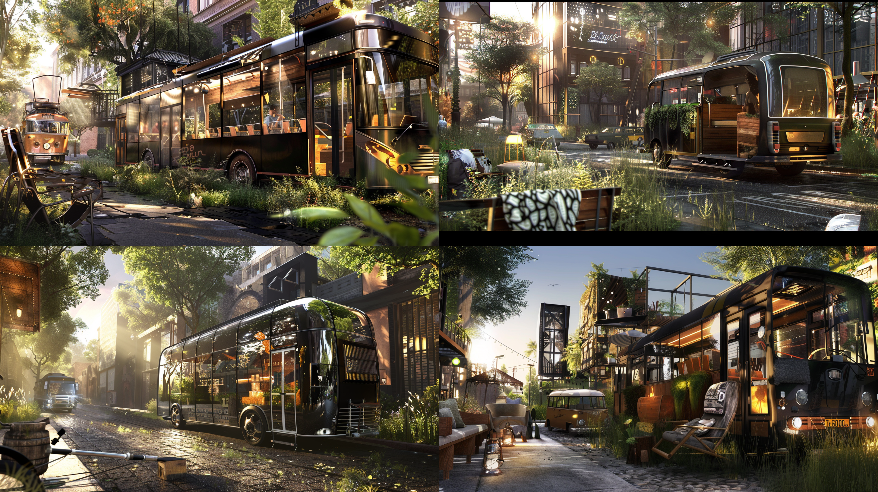 小型公交车停在街道旁边，宫崎骏风格，街景，炎热的夏天