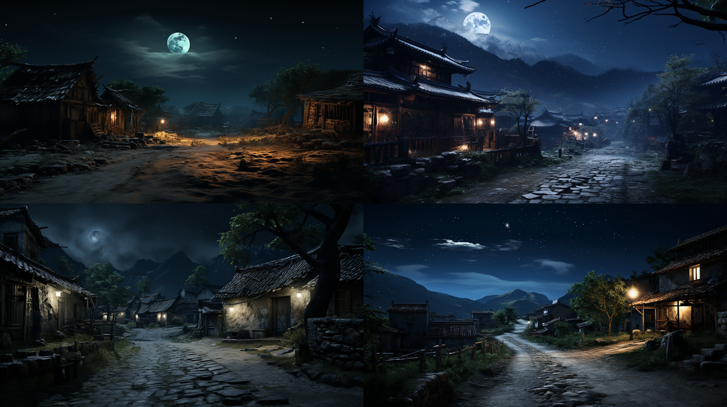 nightime village background, 8k hyper-realistic, 120 degree view, villages, stunning moonlight and shadows, vr, earth in background, photo taken in 2008, instagram contest winner, living planet, dirt road, thanshuhai, game ui, homely atmosphere,