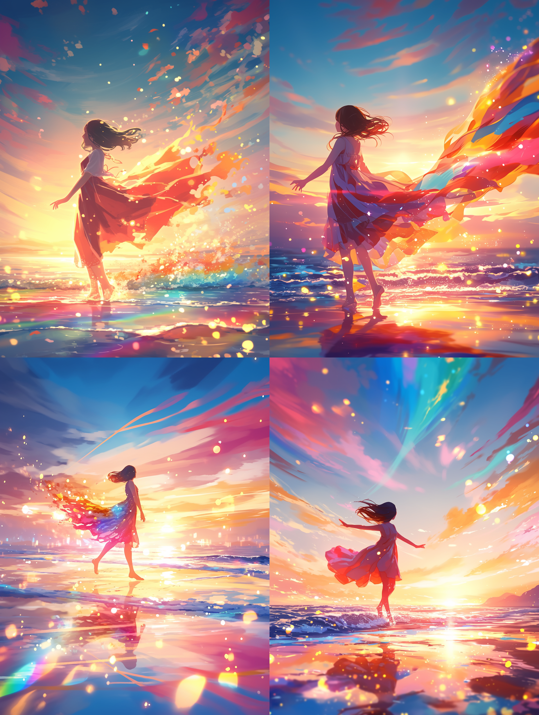 沙滩上行走的女孩，梦幻光绘彩虹芯，彩色水墨，耀眼色彩，发光阴影，彩虹背景，彩虹色发光波浪，六一海报风格，长曝光，低角度，柔和侧光，动态模糊，轻盈步伐，迷幻氛围。