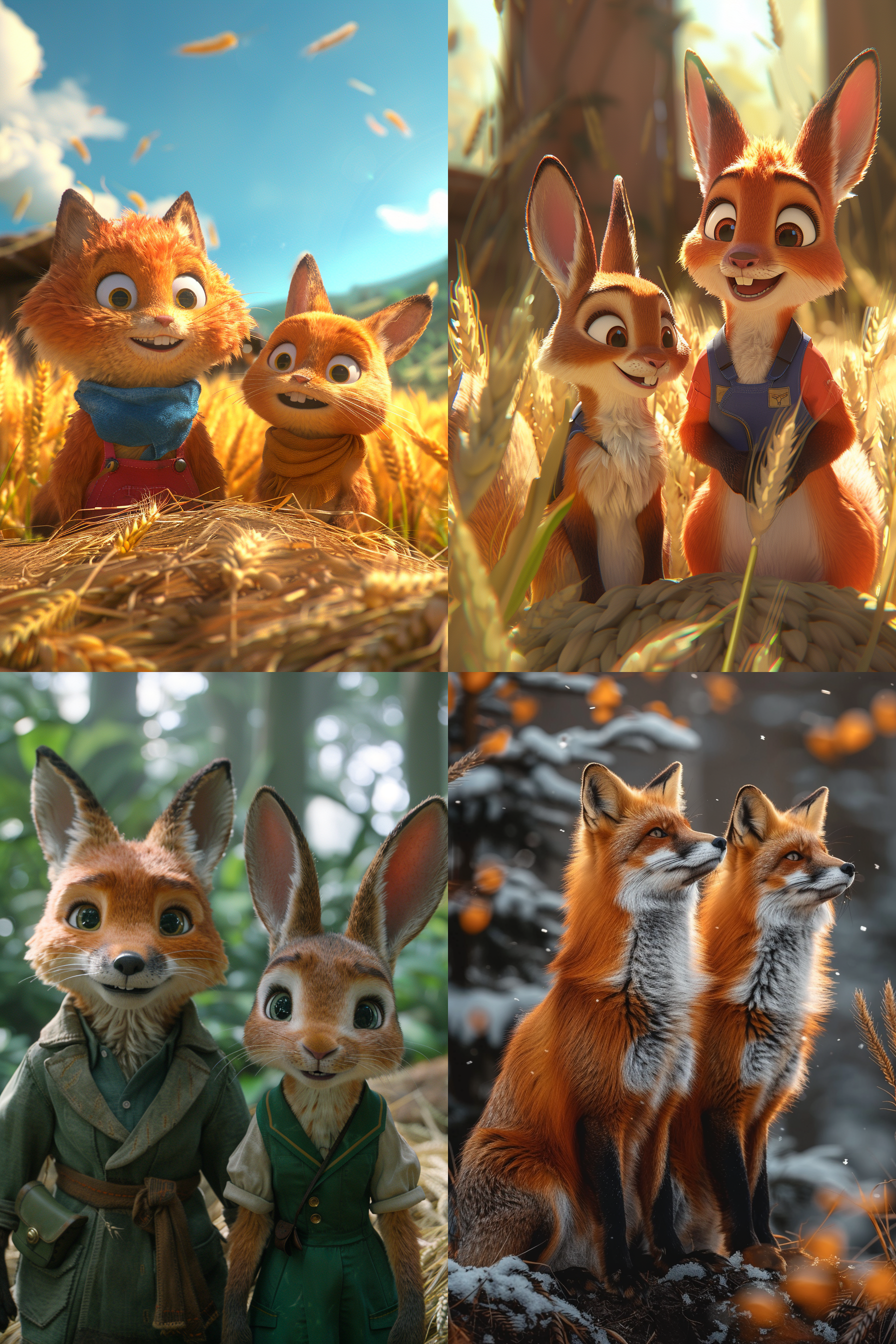 狐狸和兔子站在麦田土丘，金色麦浪摇曳，微笑，对称构图，广角镜头，逆光，自然风光，柔和光线，温暖氛围，明亮色调，自然流畅动作，友谊，快乐。