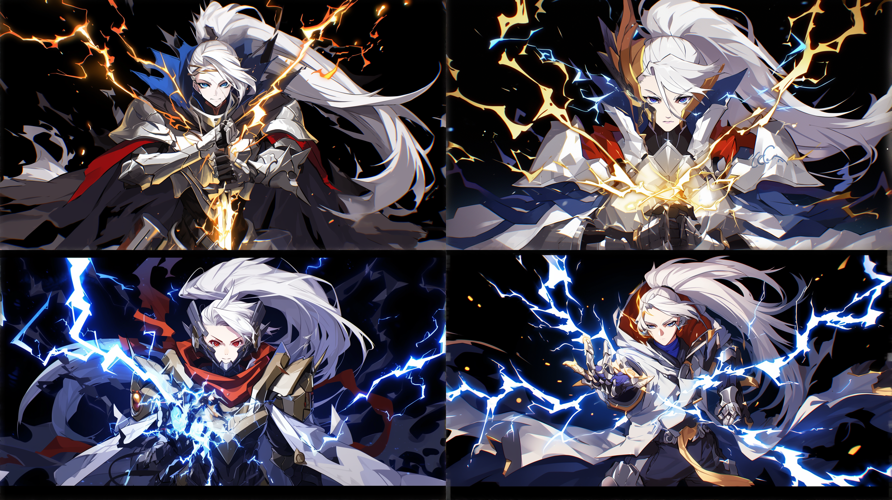 将军统帅雷电圣光重甲，正面肖像，金属质感，冷色调，强光照射，特写镜头，高光反射，威严表情，重甲细节，雷电特效，圣光环绕，力量感。