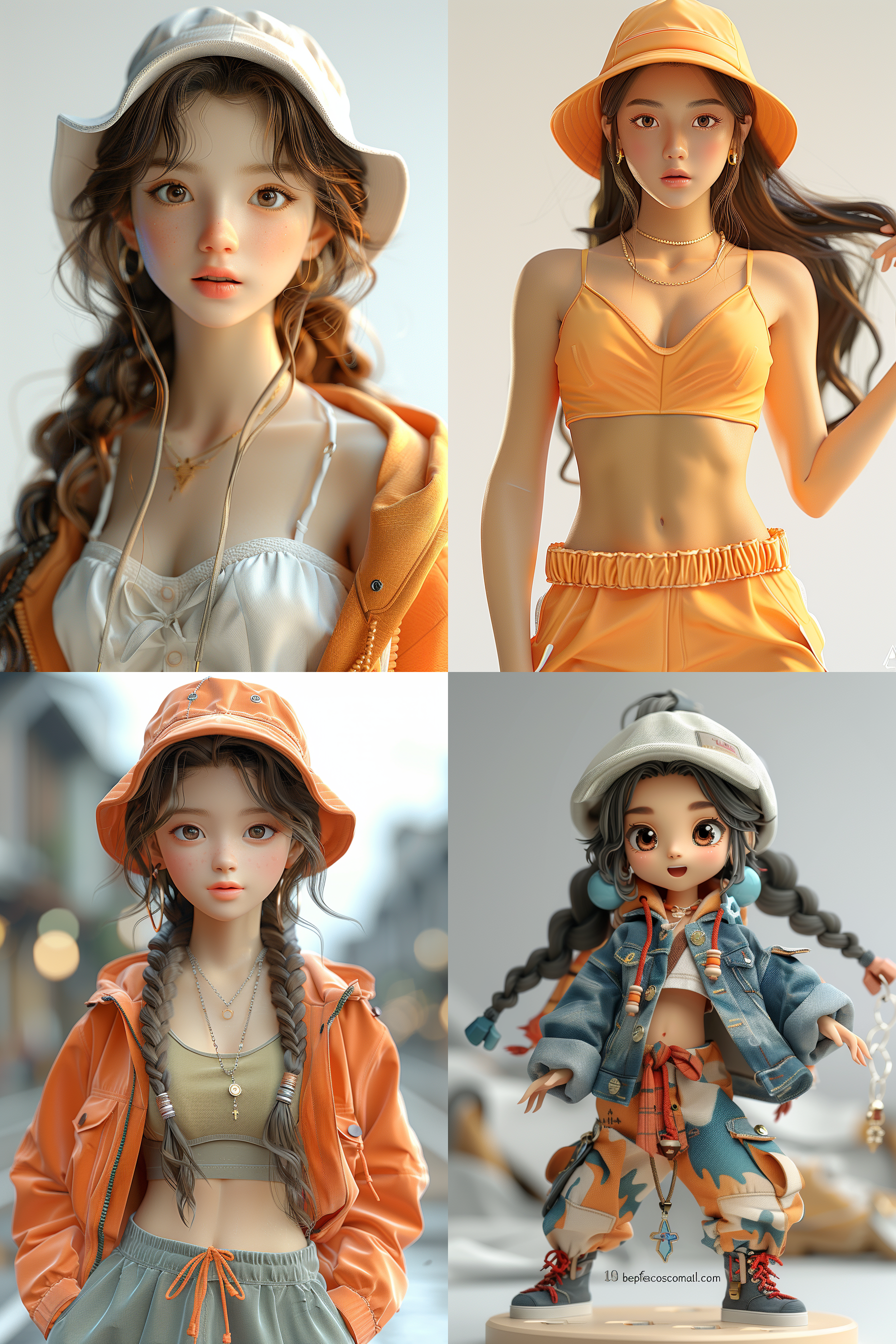 白色背景，3d卡通风格女孩，全身，动感，精致的脸部，带鸭舌帽，街舞穿搭，夏季潮流时尚服装，泡泡玛特配色，由pop mart制作，光滑细腻，黏土材料，辛烷值渲染，超细节，8k,16k，超清晰细节 模型摄影，侧身跳起，明亮色彩，生动表情，细节丰富，数字艺术，创意设计，灯光效果，童真情感，