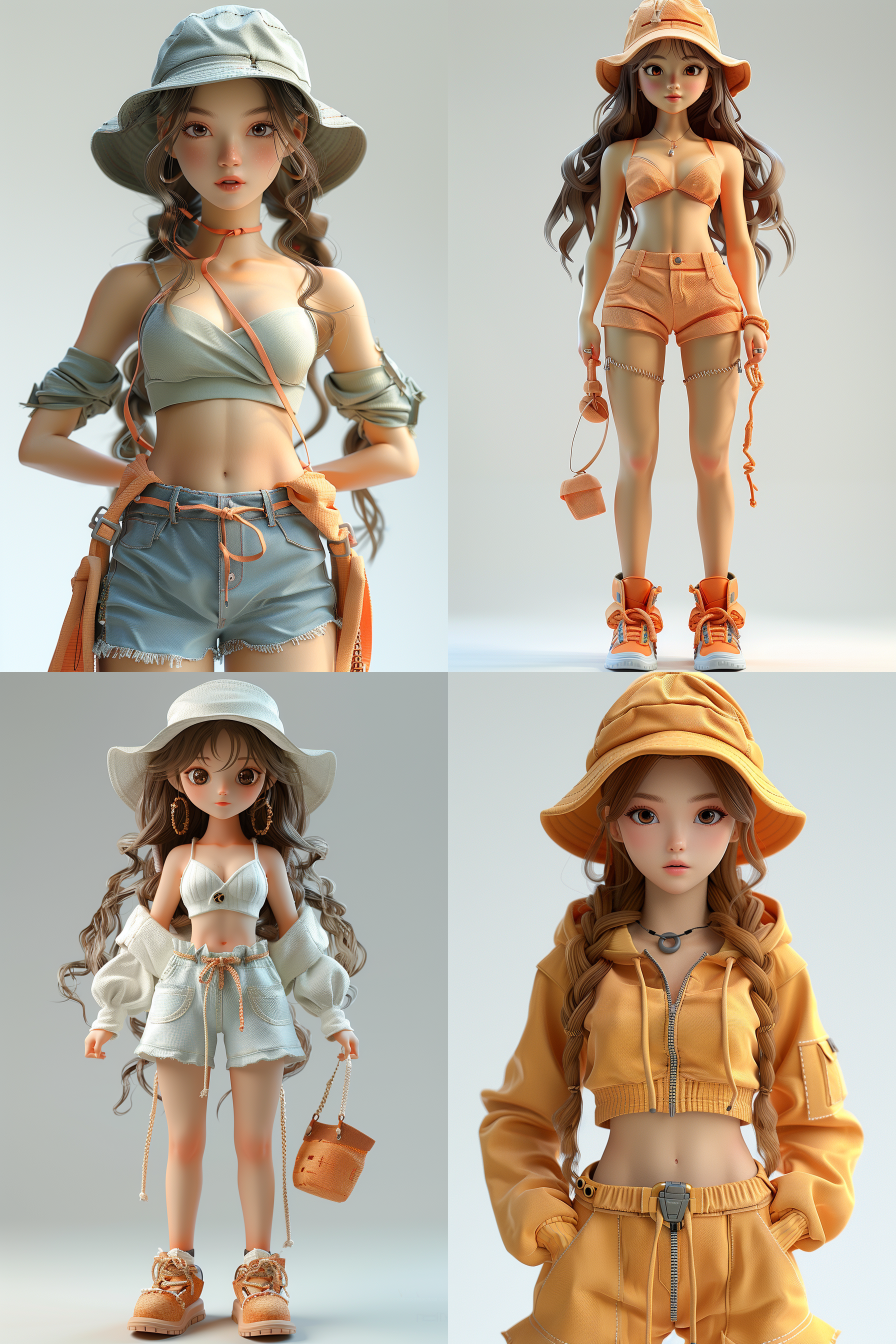 白色背景，3d卡通风格女孩，全身，动感，精致的脸部，带鸭舌帽，街舞穿搭，夏季潮流时尚服装，泡泡玛特配色，由pop mart制作，光滑细腻，黏土材料，辛烷值渲染，超细节，8k,16k，超清晰细节 模型摄影，正面构图，明亮色彩，生动表情，细节丰富，数字艺术，创意设计，灯光效果，童真情感，