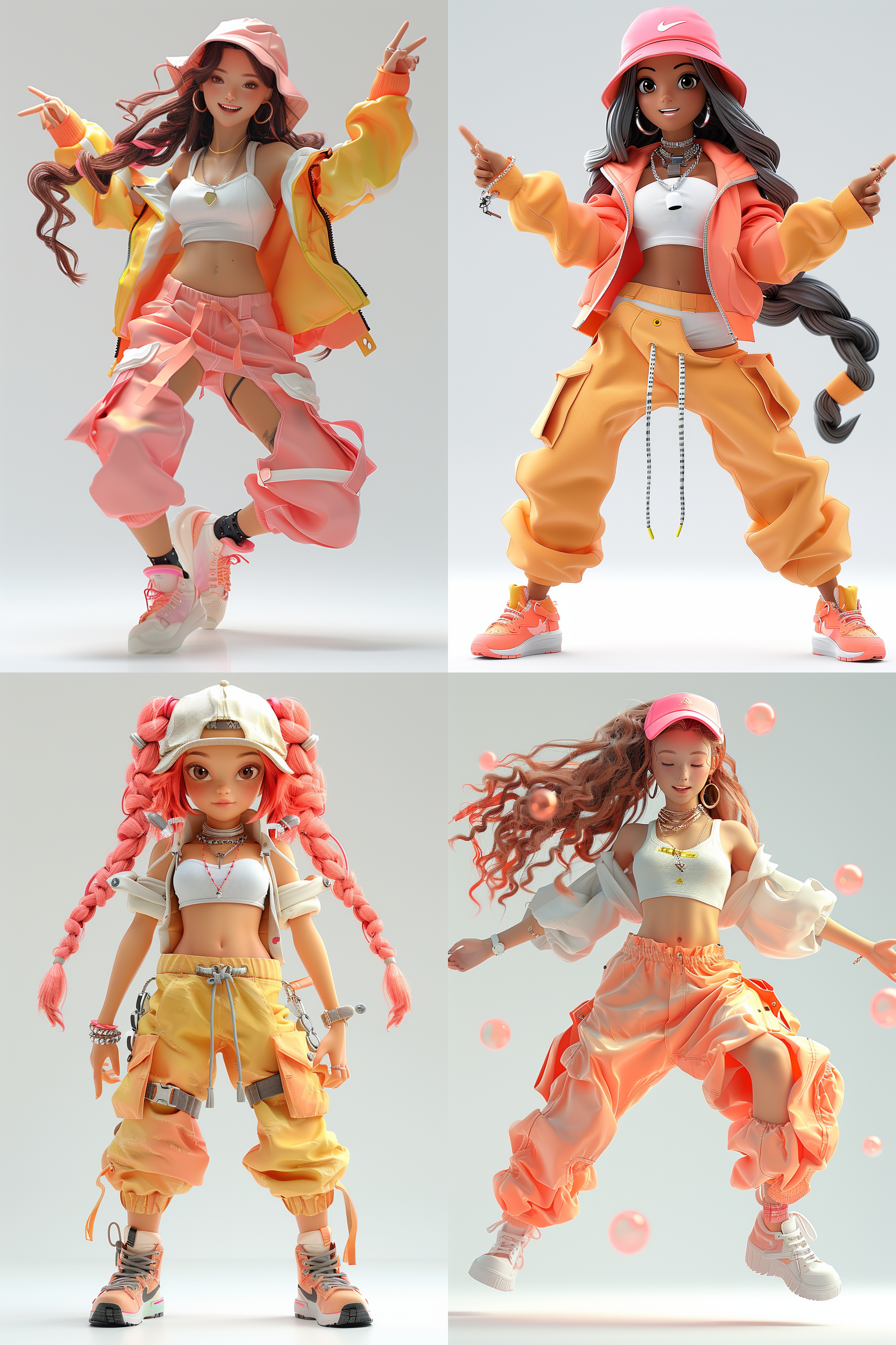 白色背景，3d卡通风格女孩，全身，动感，跳舞，精致的脸部，locking，hip hop带鸭舌帽，街舞穿搭，夏季潮流时尚服装，泡泡玛特配色，由pop mart制作，光滑细腻，黏土材料，辛烷值渲染，超细节，8k,16k，超清晰细节 模型摄影，欢快动感，欢快跳舞，明亮色彩，生动表情，细节丰富，数字艺术，创意设计，灯光效果，童真情感，