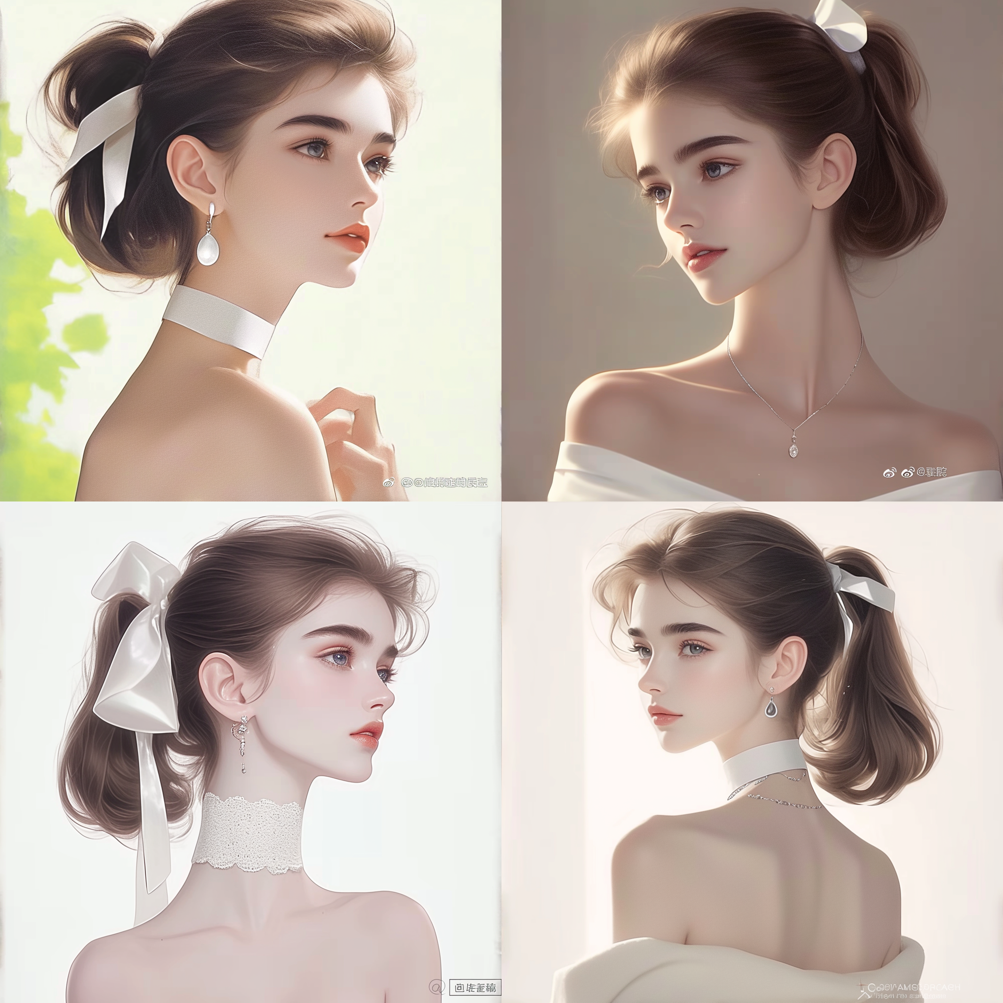 插画头像，甜美少女，香槟色挂脖礼裙，简约高贵，高马尾，侧身红唇，超细节高清，32k分辨率，柔和光线，暖色调，细腻笔触，优雅姿态。 宫崎骏 平面小说 法国艺术 干净背景 侧身 半身 白金 特兰 库沙特