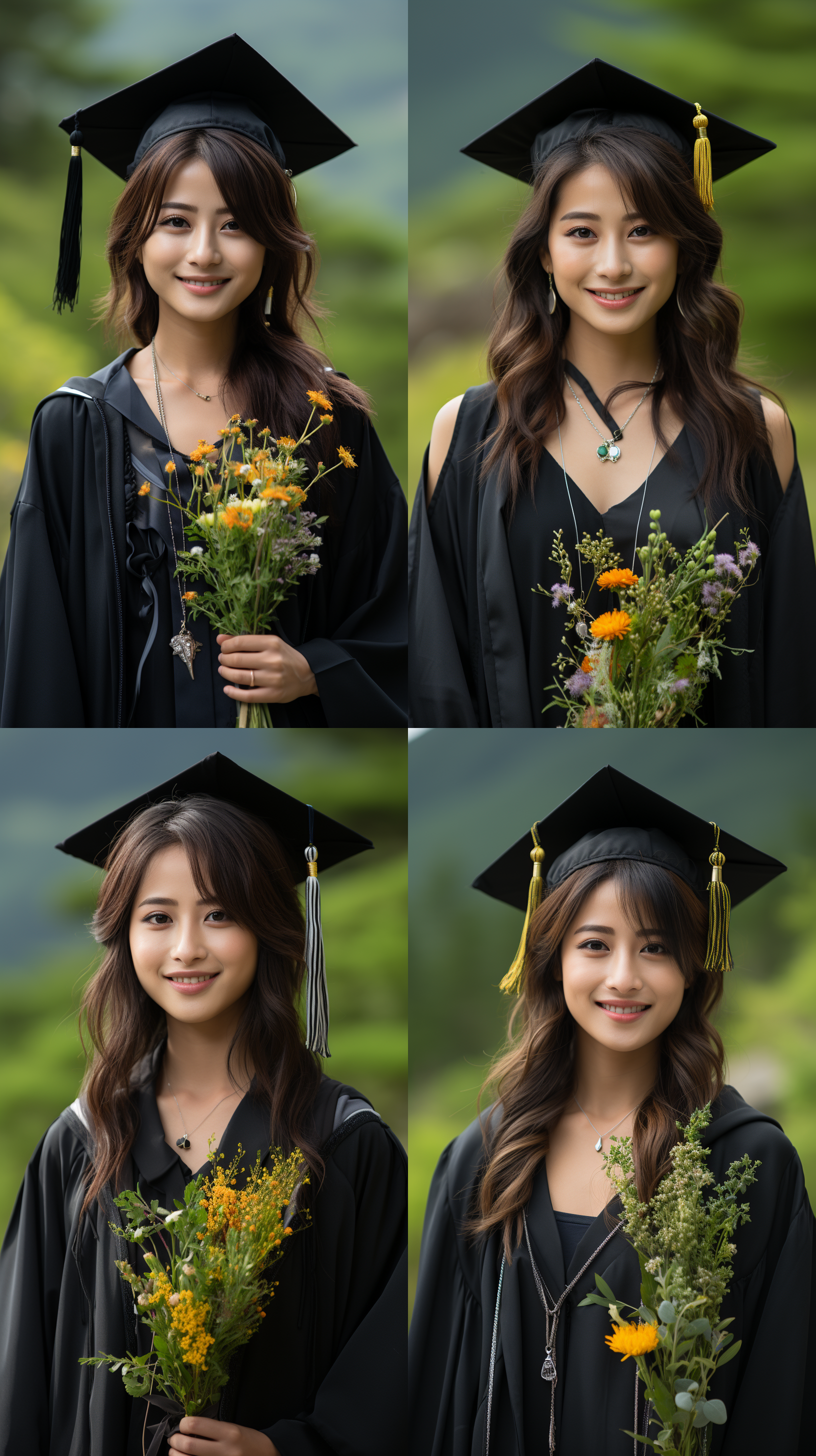 东方美女，学士服，学士帽，簪花，草地，全身，8k画质，高分辨率，自然光，微笑，活泼，高兴，细节丰富，色彩鲜明。