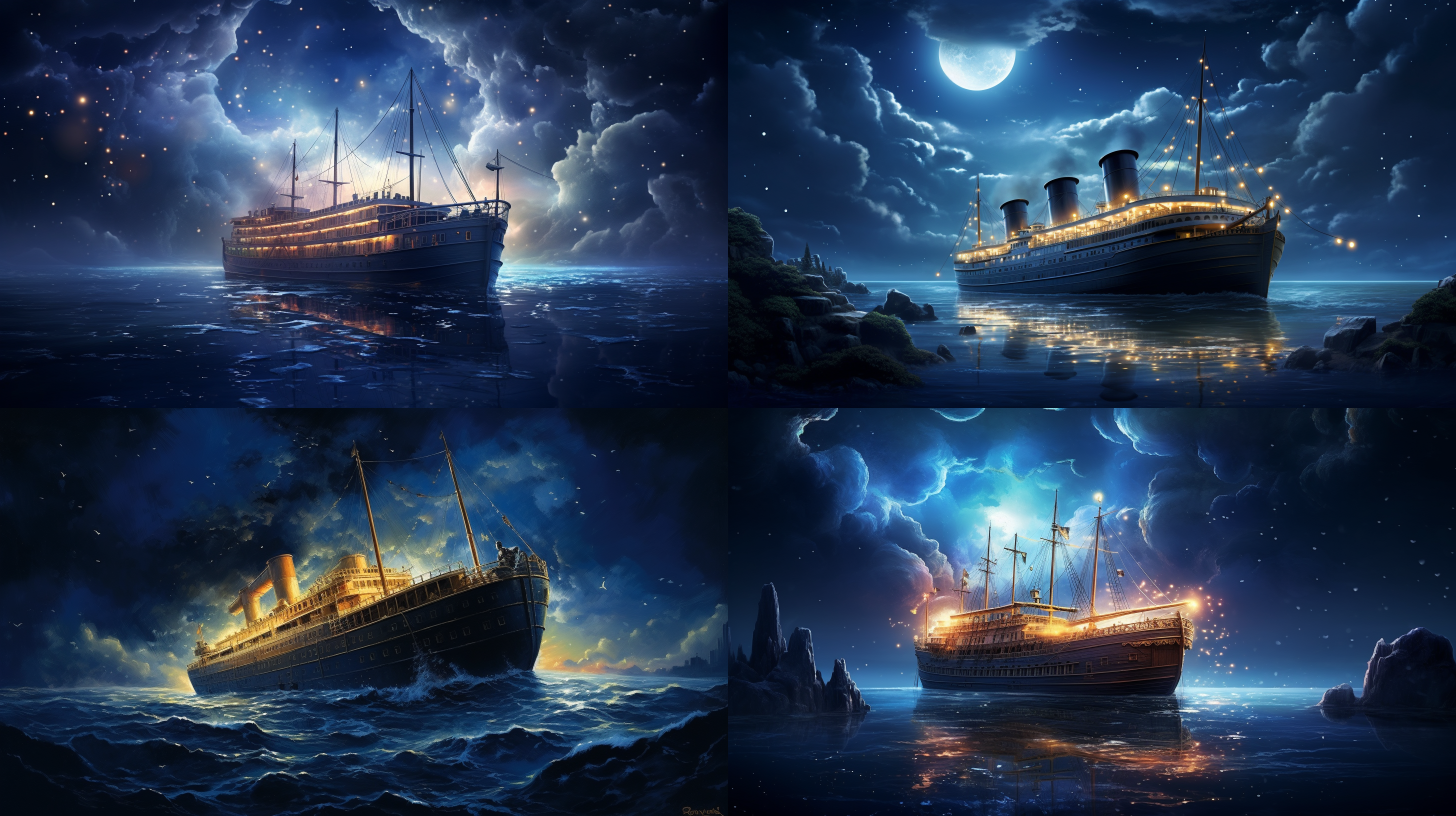 夜晚，星空，海洋，泰坦尼克号船头，大月亮，月光柔和，鱼跃水面