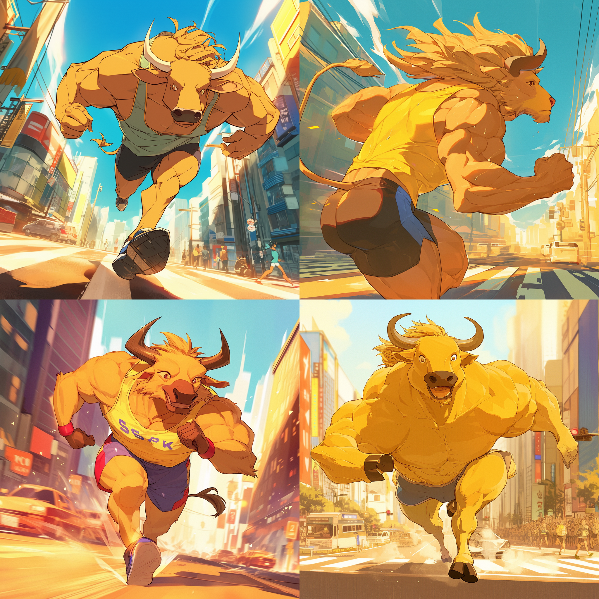 体色黄色的羚牛，背毛金色高高耸立，如黄牛的尾巴，毛很多，穿背心短裤跑马拉松，漫画风格，动感线条，鲜艳色彩，城市街道背景，长焦镜头，逆光，快速快门，奔跑姿态，活力四射。