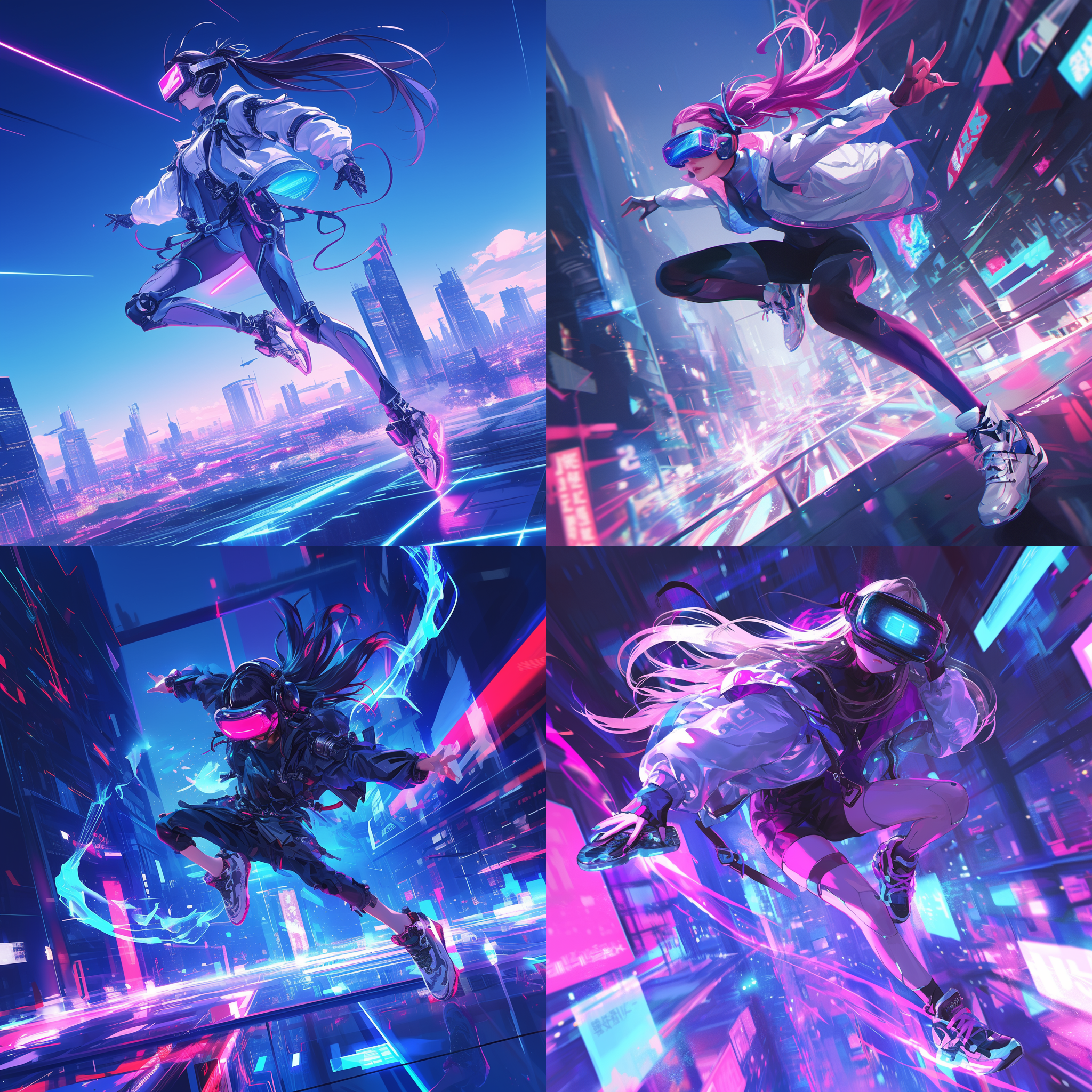 机械风格，头戴vr眼镜，跳跃姿态，女士全身像，酷炫穿衣风格，未来都市背景，冷色调，高速快门，动态模糊，金属质感，霓虹灯光，科技感，兴奋。