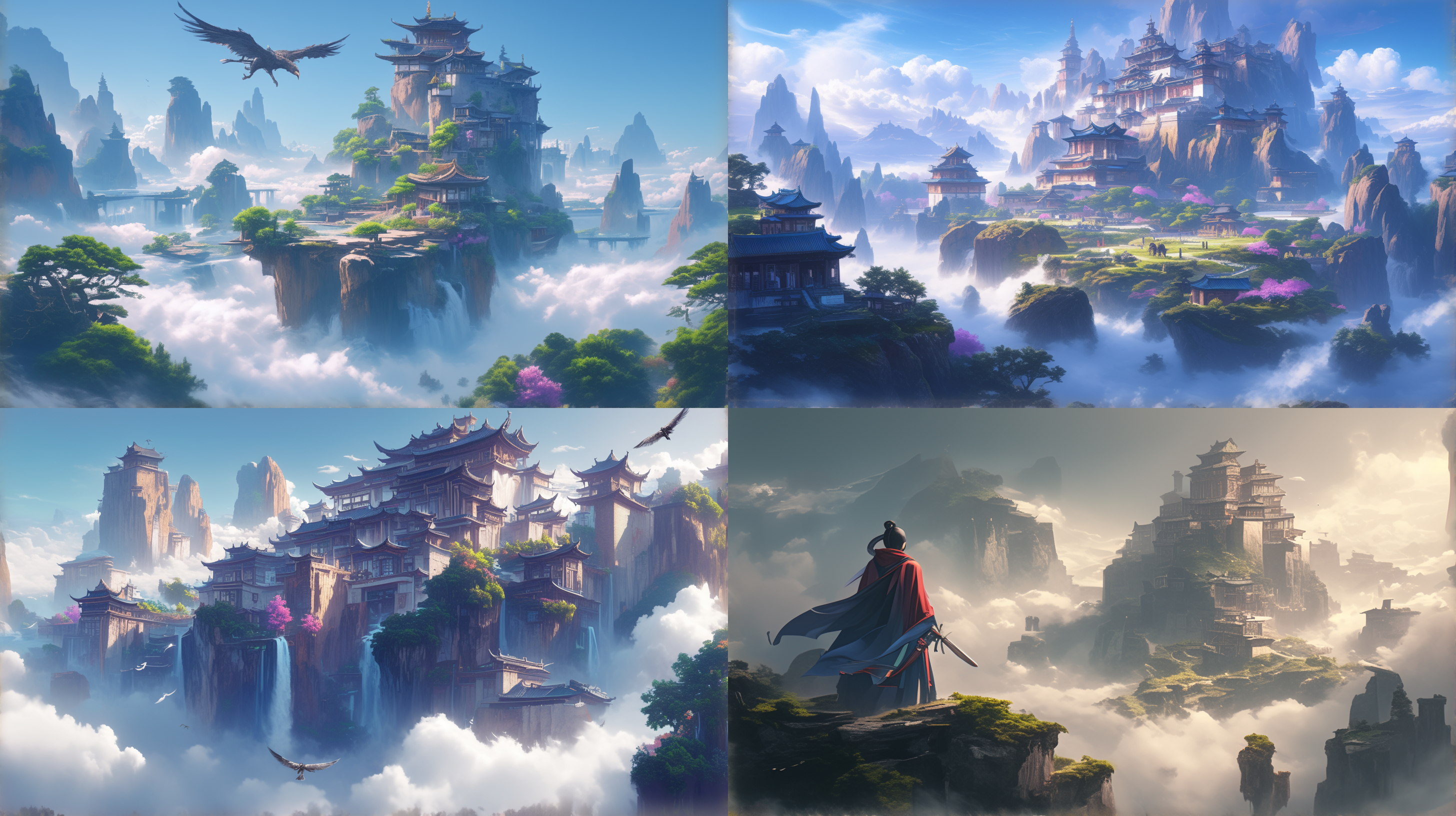 奇幻世界东方起源，神秘古风，仙侠氛围，云雾缭绕山峰，古装人物御剑飞行，长袍飘逸，表情专注，水墨画风，远景构图，柔和光线，低饱和色彩，梦幻般的光影效果，静谧与动感并存，横板，电脑壁纸，oc渲染，32k超高清，细节完整。