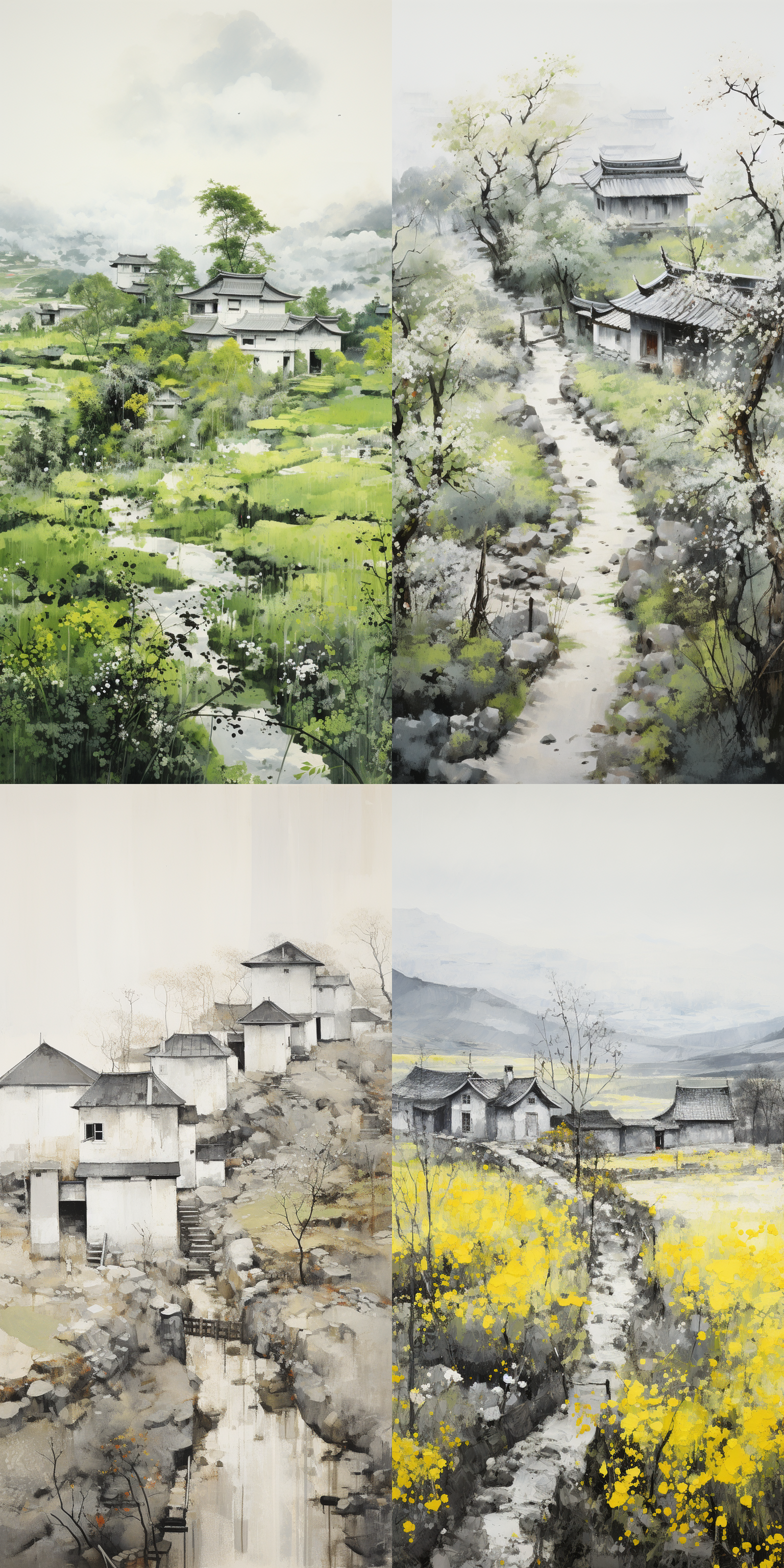 极简主义，超精细绘画，蕾丝，意境水墨，陈家泠，版画，半透明，有规律的构图，远景，俯视视角，顶视图，在白色的世界里，春天，油菜花田野，梯田，中式吴冠中房子