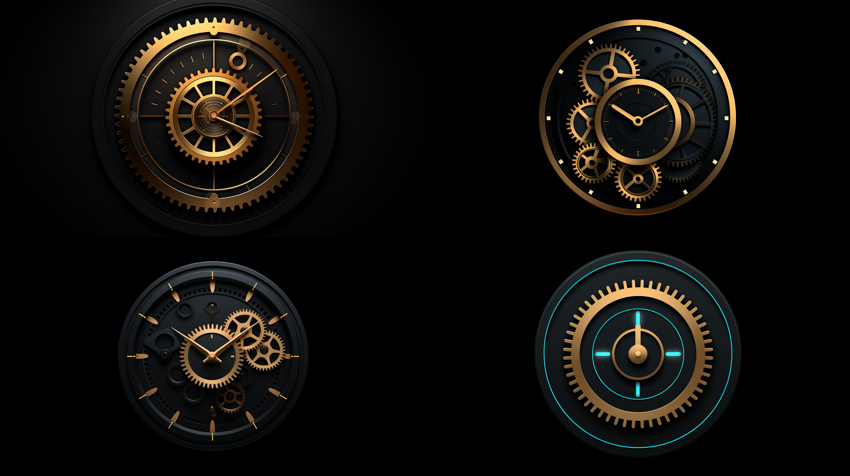 制作一个矢量图标，黑色背景，体现节省时间，提高效率，工业风格，使用简约齿轮和时钟元素，简约，oc渲染，现代感