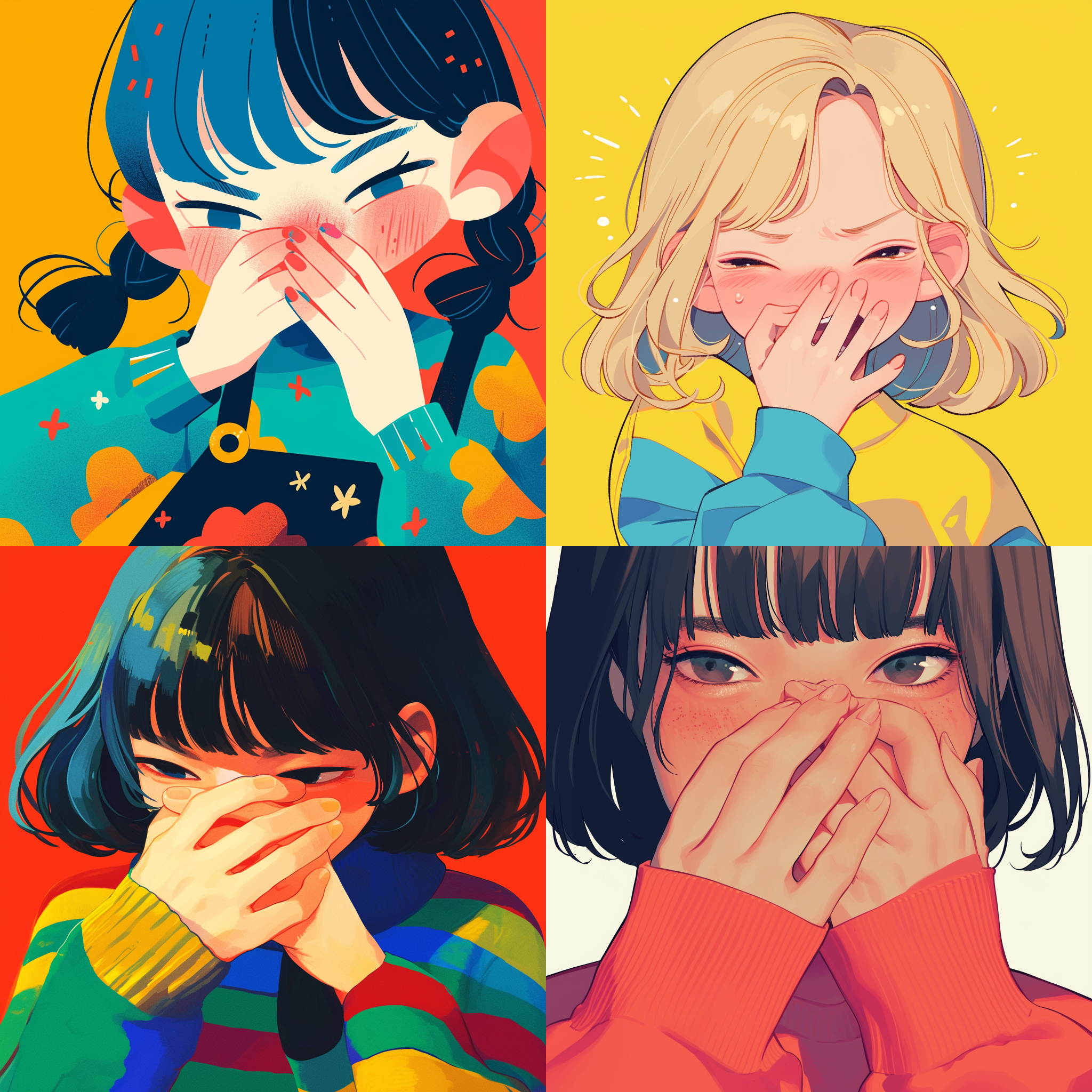 女孩捂鼻，特写镜头，平面效果，放大的嘴巴，口腔视角，儿童插图风格，夸张表情，近距离拍摄，明快色彩，厌恶情绪，幽默元素。