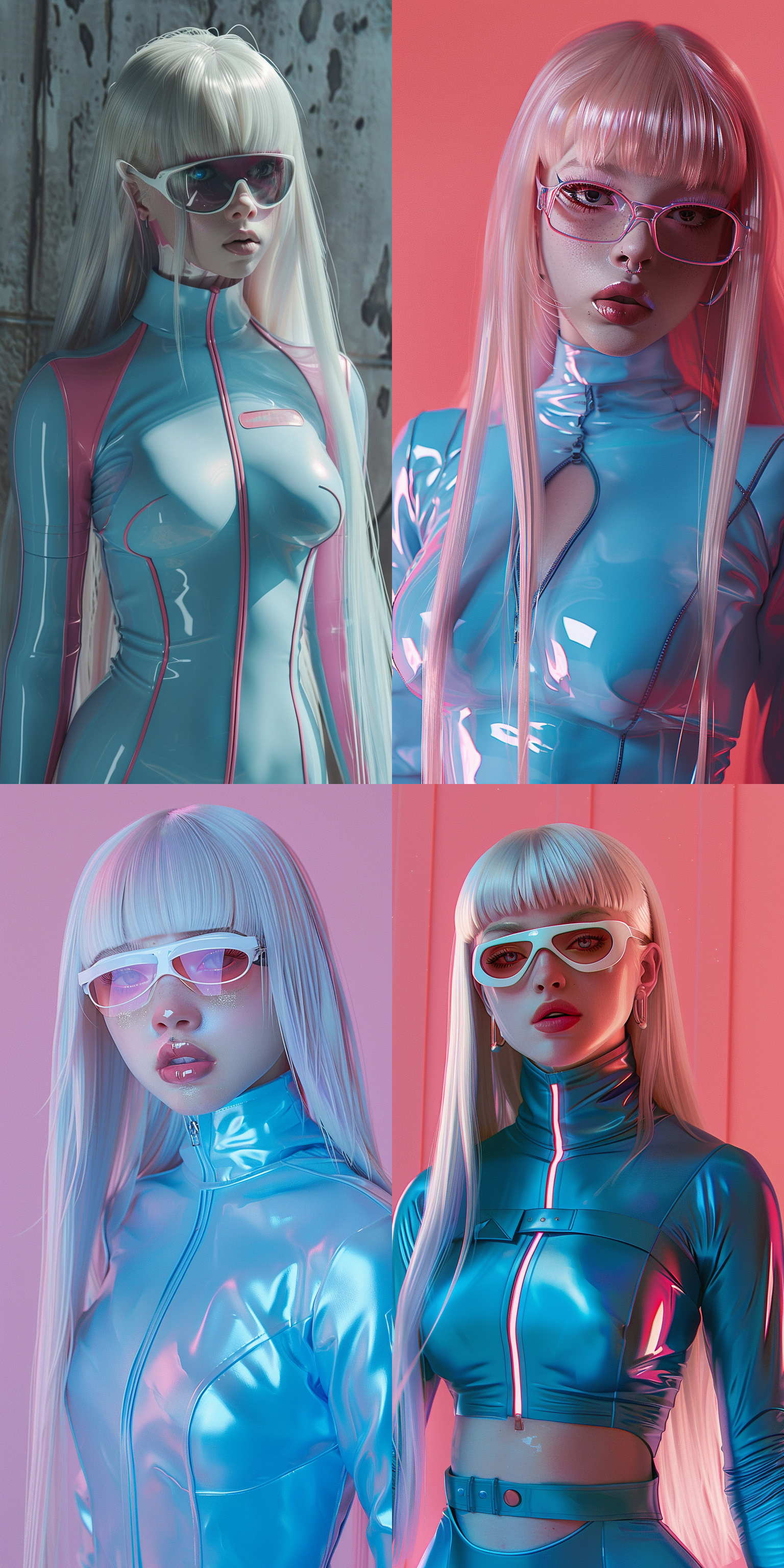 long straight hair, pale skin, a blue and pink colorscheme,wearing qlasses, white bangs, a blue latexsuit with a high collar, high detail, full body photo,hyperrealistic,in the style of a real photo.